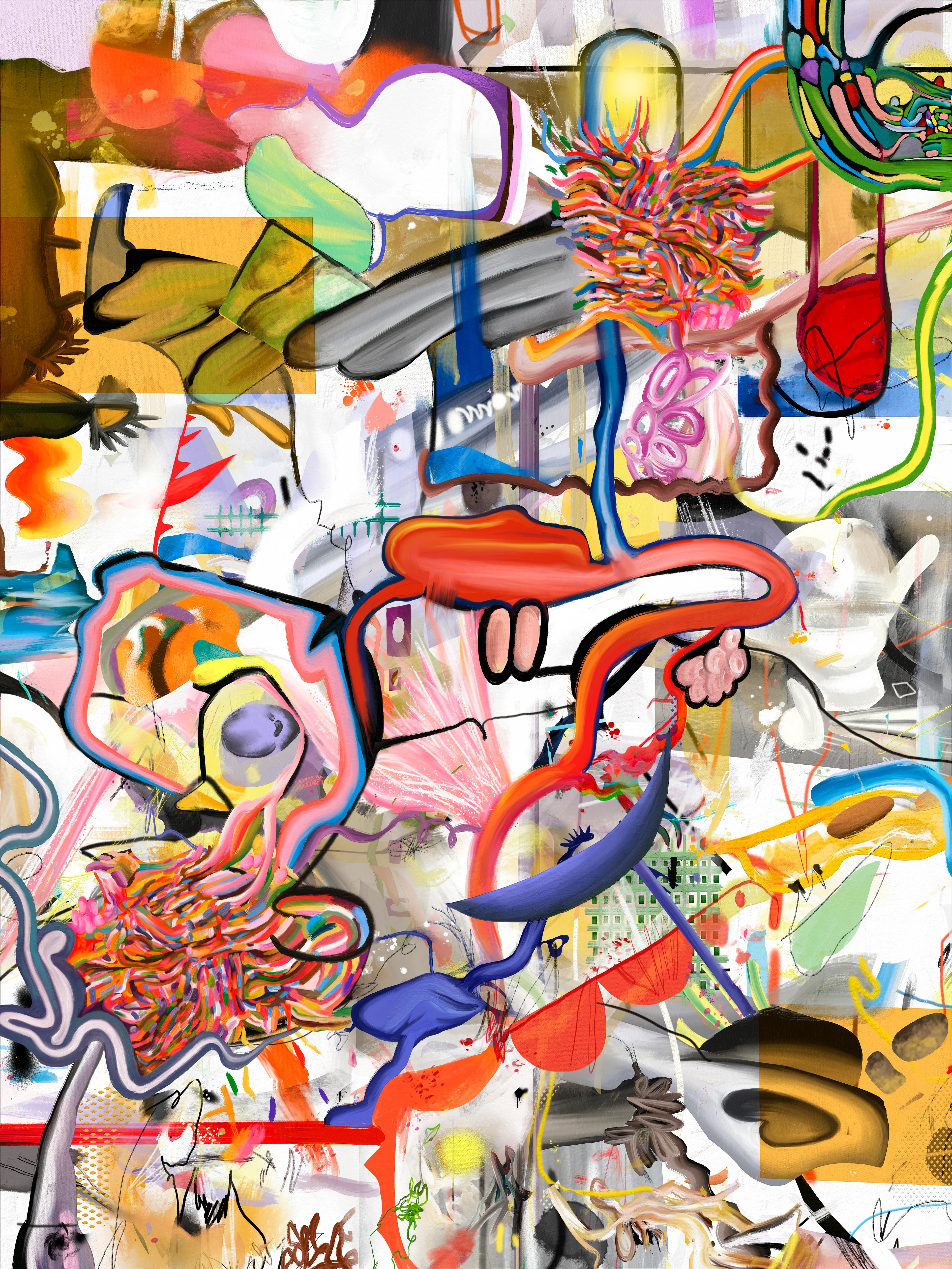 4500 x 6000 px 300 DPI
This painting was made with part of my physical paintings merged with digital art in a Photoshop file. This painting took time to be done, there were a lot of decisions to make until each shape found its own place, its unique color and path. I worked in a large file with almost 100 layers. By changing layer and blending modes my goal was to achieve a sense of depth by changing opacity percentages, creating superpositions and combining several elements, drawing lines and brushstrokes in a unique composition. The result was a very peculiar surrealistic landscape where saturated colors lead us to impossible places.

In my painting I study possible behaviours and human conditions like madness, illness and death. I depict them as wonderful states or places, showing the beauty beyond any situation.
I image these conditions as if they were wonderful places that can be visited in dreams, places where we have never been before, where everything is possible.
