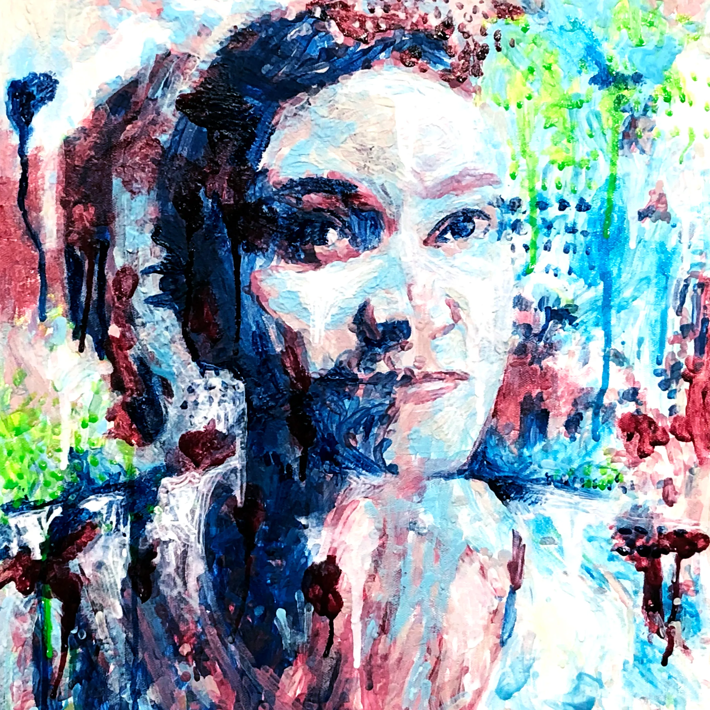 Portrait painted by one of my robots over the course of three days with a brush on canvas using more than two dozen competing AIs.