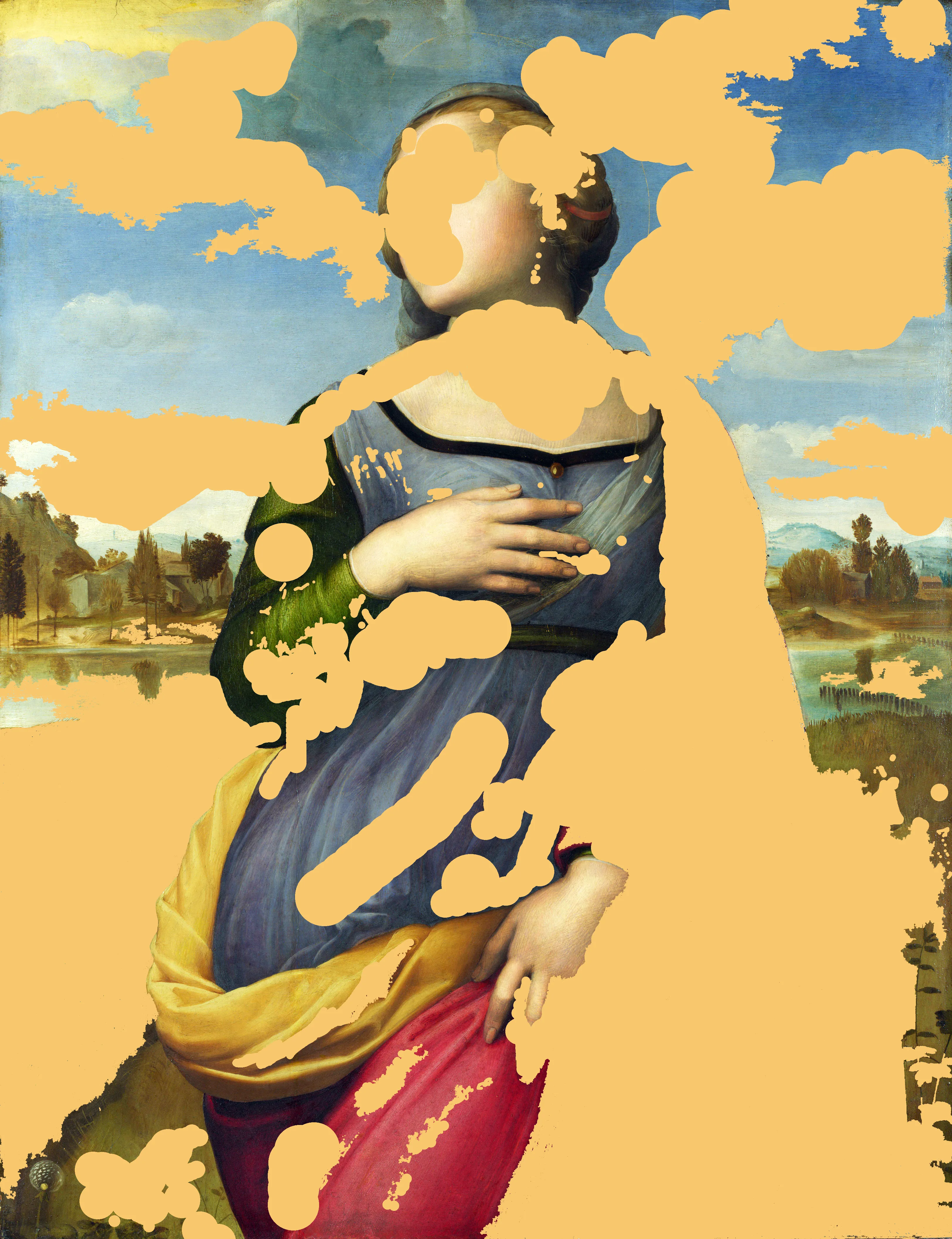 This is the first release (#1) from the Screen Memories collection, which I began in 2017. Using an iPhone and a Macbook in combination, the series masks religious imagery in Renaissance paintings with colorful, screen-lit 21st-century shapes. W: 3246 px H: 4226 px, Tools: Union, Photoshop. Collection: Screen Memories.
