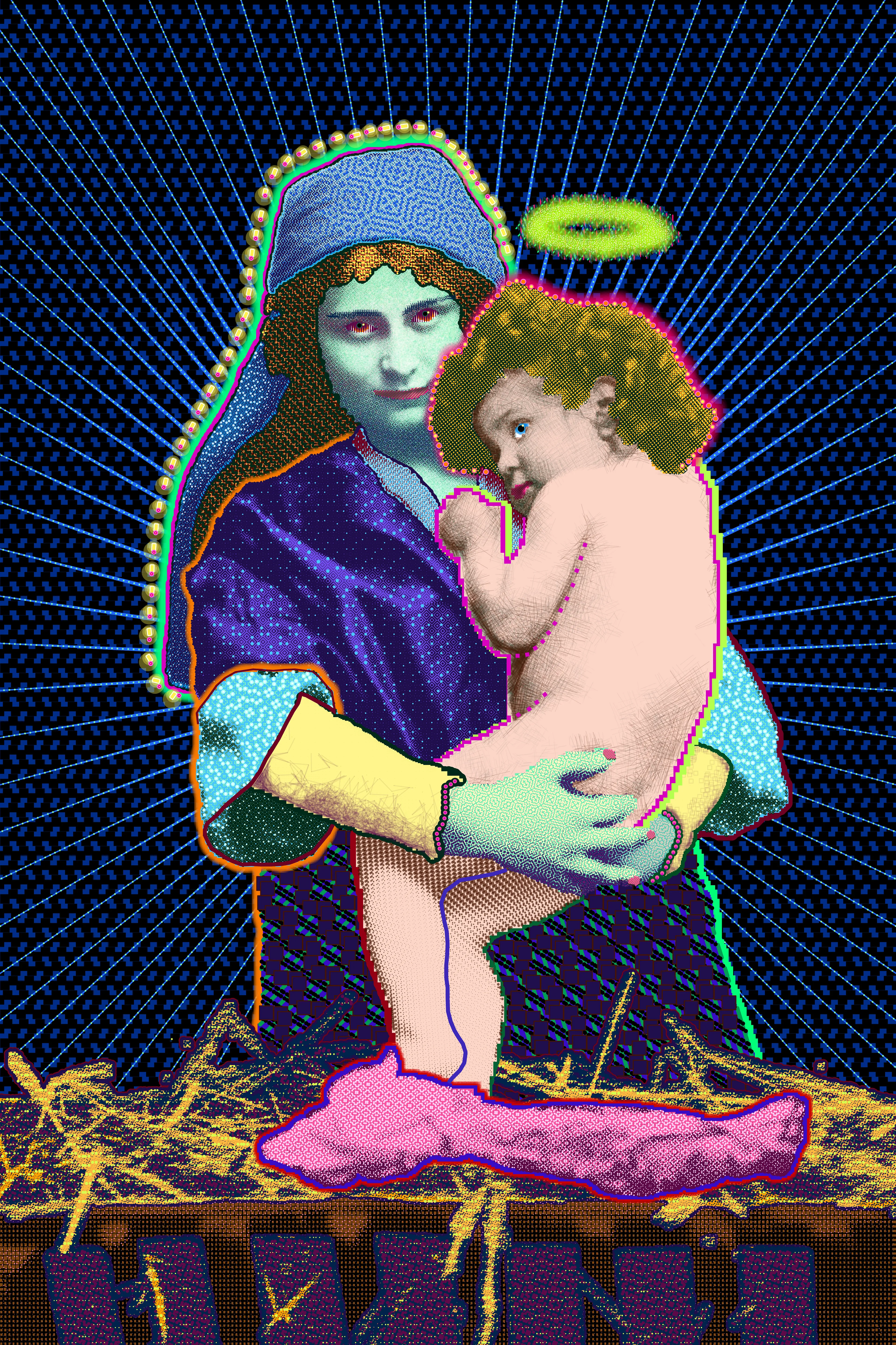 Since I was a child, I'd always been pulled in by paintings depicting the Madonna and Child. Long ago, I promised myself that I'd take a stab at religious motifs when my skill could only pose a compliment to the subject. This painting is based on a french postcard from the turn of the century. It was the practice of many photographers at the time to hire prostitutes for these commercial photographs. Given that, I wondered if this was indeed the woman's child. The closeness seems too natural to be staged. And did the child grow up knowing his father or had he been forsaken?

Created on custom software programmed by the artist, using Processing and Java. Resolution: 16K x 24K. This painting required the artist to make 2,239 changes to 165 variables over the course of 12 man hours and consists of 148 layers consisting of 1,331,567 unique vector shapes and 54 different colors. 