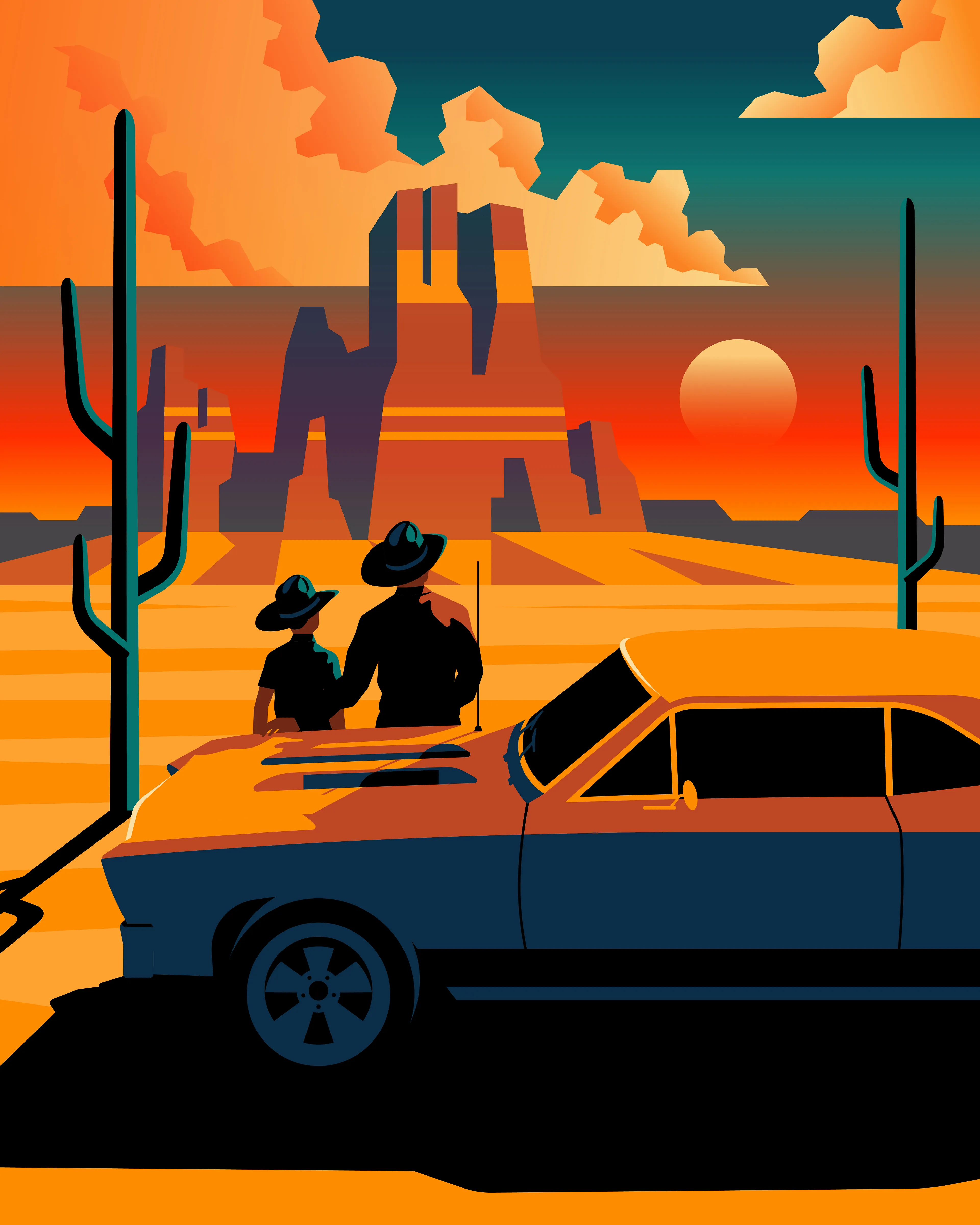 Father and son share a desert sunset.