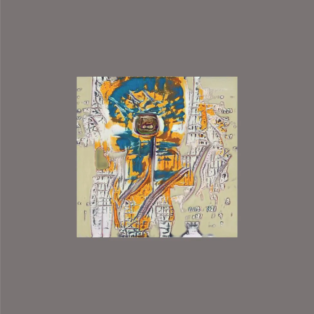 Artwork created from GAN (generative adversarial network) trained on paintings and drawings by Jean Michel Basquiat with some influence from a model trained on the Simpsons.