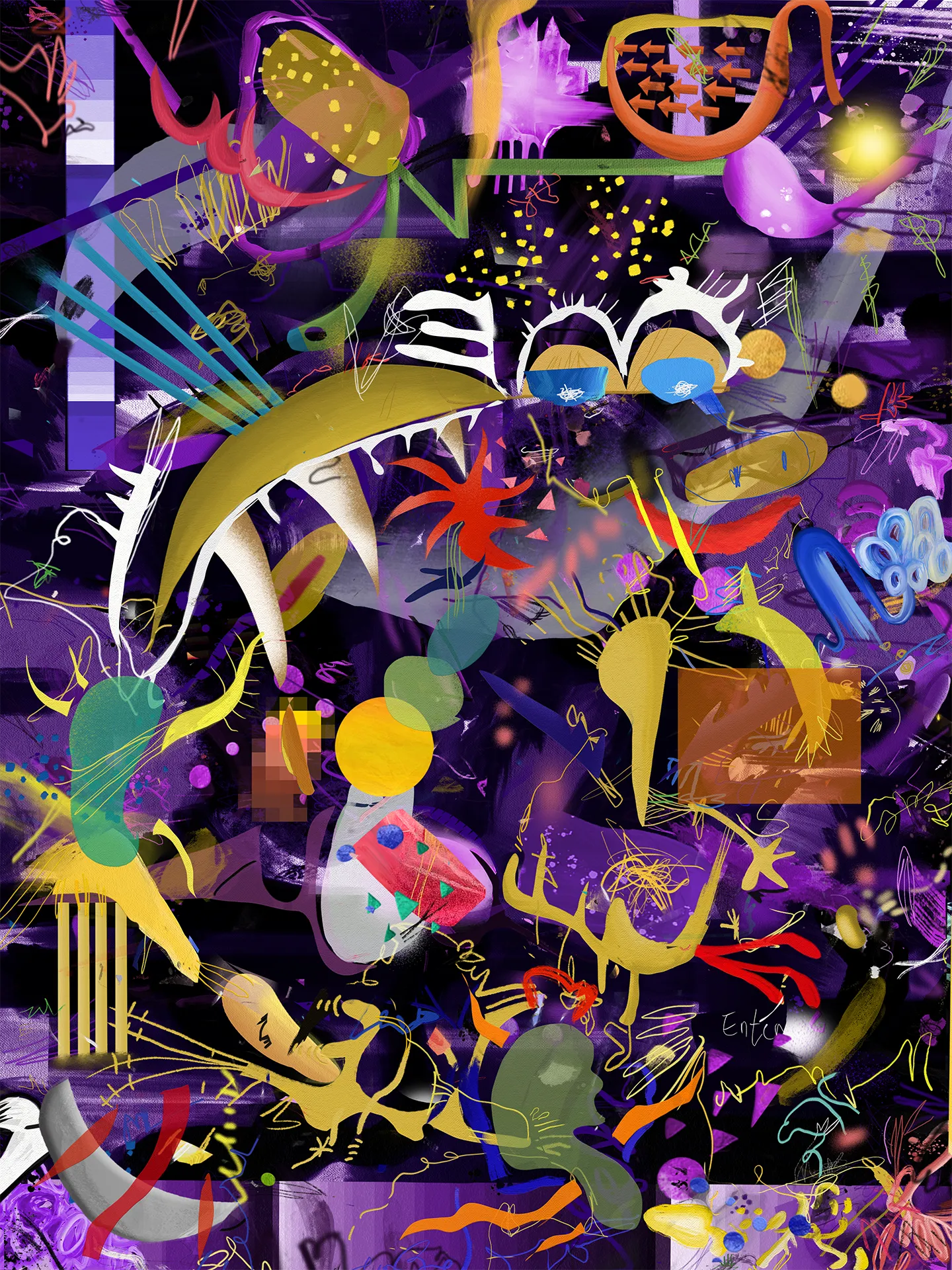This painting is inspired by the night and everything hidden in the dark, everything that happens when everybody sleeps. It's the first series of paintings where abstraction and figuration meets presenting us a new and unexpected world where everything is posible as long as we wish it.

The painting includes a giclée print on a 320 grs paper
Size: 80 cm x 60 cm  