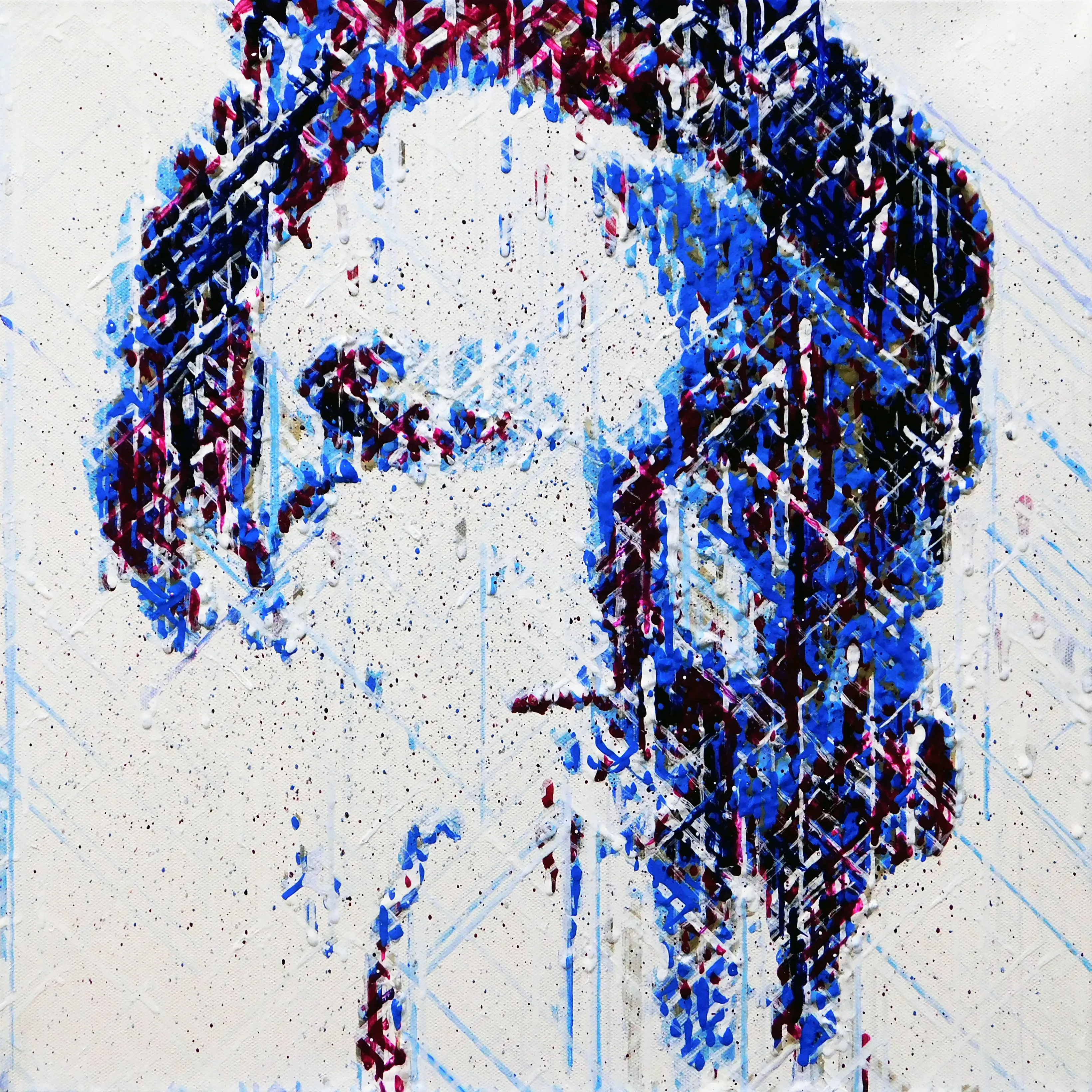 AI imagined painting created in a collaboration between artonomous, Kitty Simpson, and Pindar Van Arman. Kitty provided artonomous with a highly curated set of portraits. Pindar provided the robot with the data behind over one thousand previous robotic paintings. The robot then spent several months painting studies of more than fifty portraits using Kitty's photos with Pindar's data to fine tune it's algorithms. For this portrait, it used all of its training, practice, deep learning, and feedback loops to imagine a new image and render it with 32,881 brushstrokes on canvas.