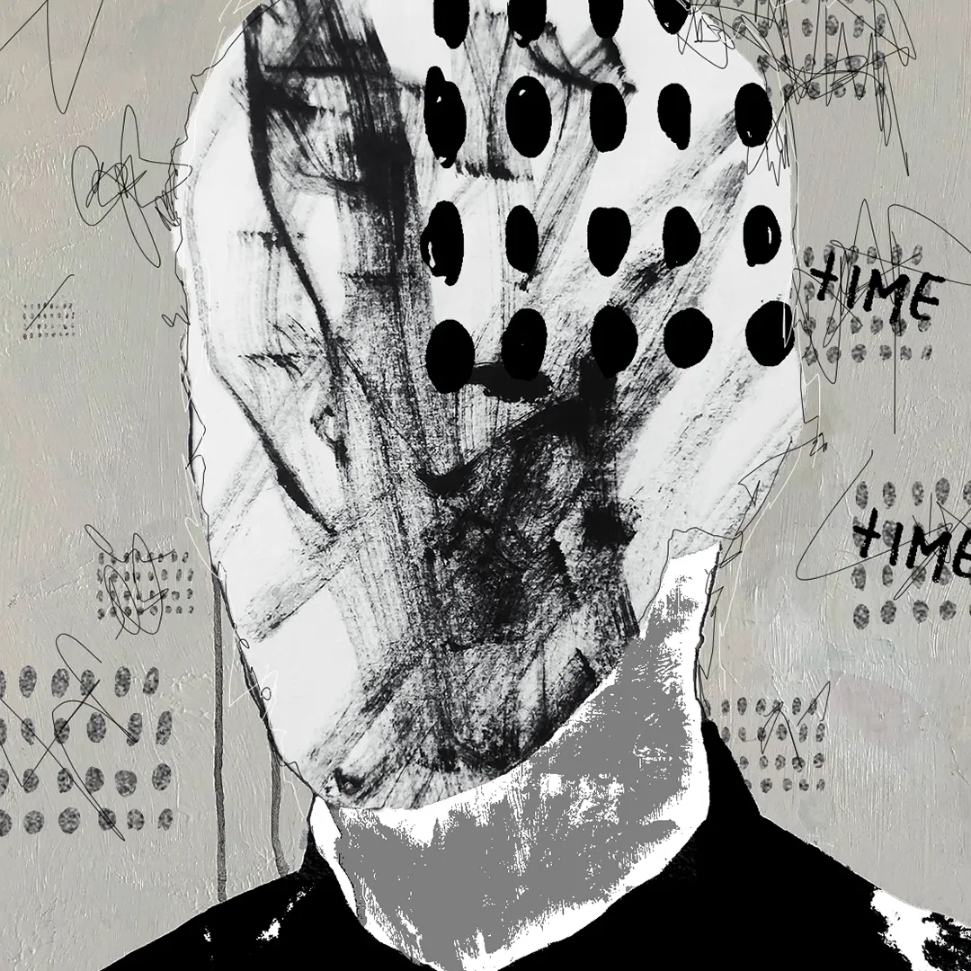 By repeating dots and the word 'time', the viewers' attention is immediately grasped by a sense of transposition. This, alongside the hand-drawn and collaged elements, mark the artist's hand as the figure morphs into one with the background, blurring the barrier between inner and outer worlds.

The overlap between the inner and outer world, as implied by the way these dots impose themselves on the figure’s head, suggests a tension between the potential of dreams against the harshness of the reality we find ourselves in. 

These dots indicate a monotonous, almost ritualistic form of expression, suggesting a sense of constriction due to external pressures. Use of muted, unsaturated colours further emphasise the monotony and bleakness felt by the figure, whose anonymity makes it easy for the viewer to embody.

Time Perception draws attention to the absurdity of daily life and the frustration felt by counting down the moments until we reach something more meaningful. These tensions, although appearing as a kind of friction, reveal themselves as the purpose sought by us all, in which Skygolpe implants the viewer with the same ailments as the figure we observe; a sense of idleness and a yearning for conclusion. Chloe Diamond, curator at MoCDA
