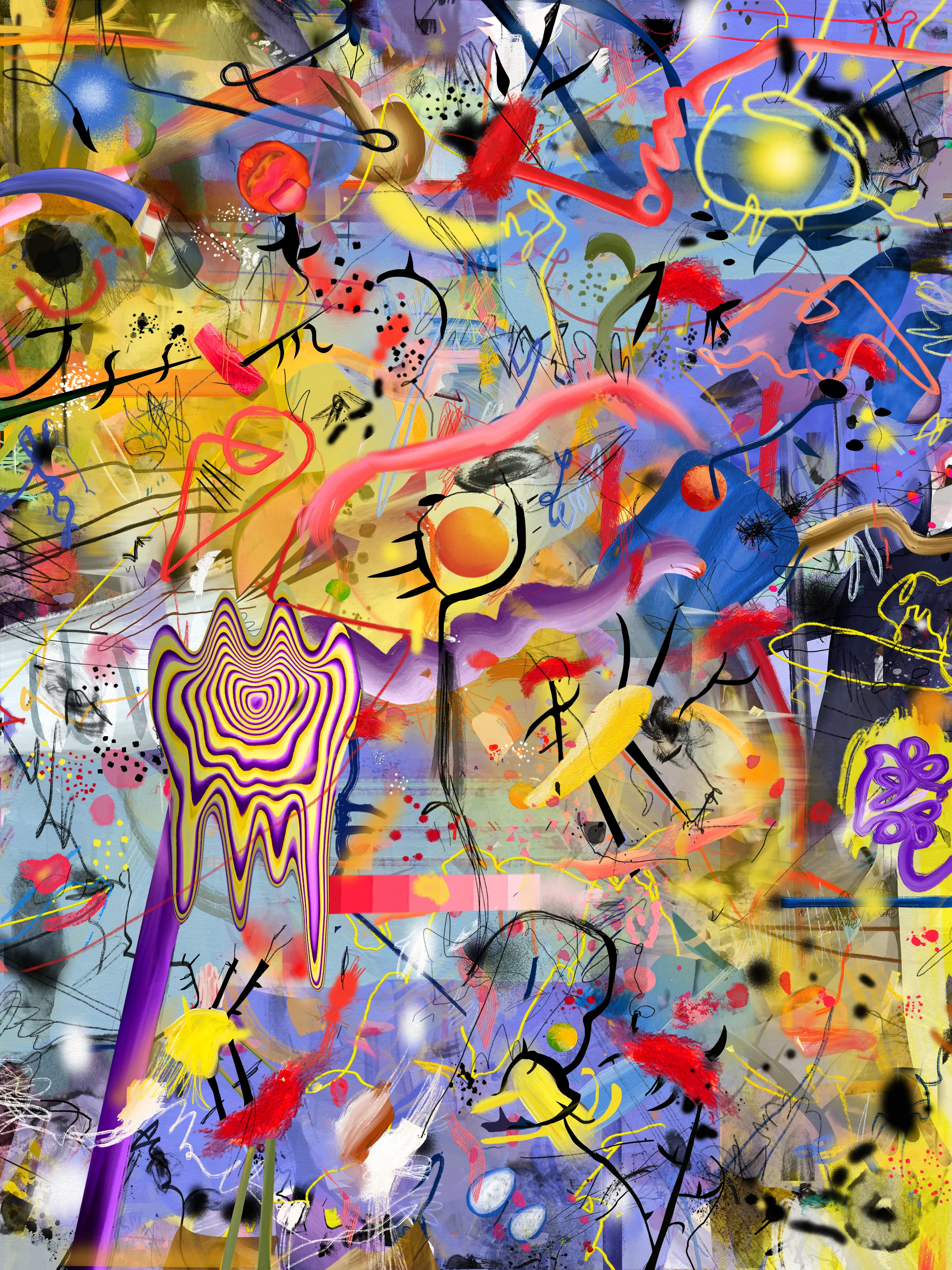 This painting was made with part of my physical paintings merged with digital art in a Photoshop file. This painting took time to be done, there were a lot of decisions to make until each shape found its own place, its unique color and path. I worked in a large file with almost 100 layers. By changing layer and blending modes my goal was to achieve a sense of depth by changing opacity percentages, creating superpositions and combining several elements, drawing lines and brushstrokes in a unique composition. The result was a very peculiar surrealistic landscape where saturated colors lead us to impossible places.

In my painting I study possible behaviours and human conditions like madness, illness and death. I depict them as wonderful states or places, showing the beauty beyond any situation.
I image these conditions as if they were wonderful places that can be visited in dreams, places where we have never been before, where everything is possible.  