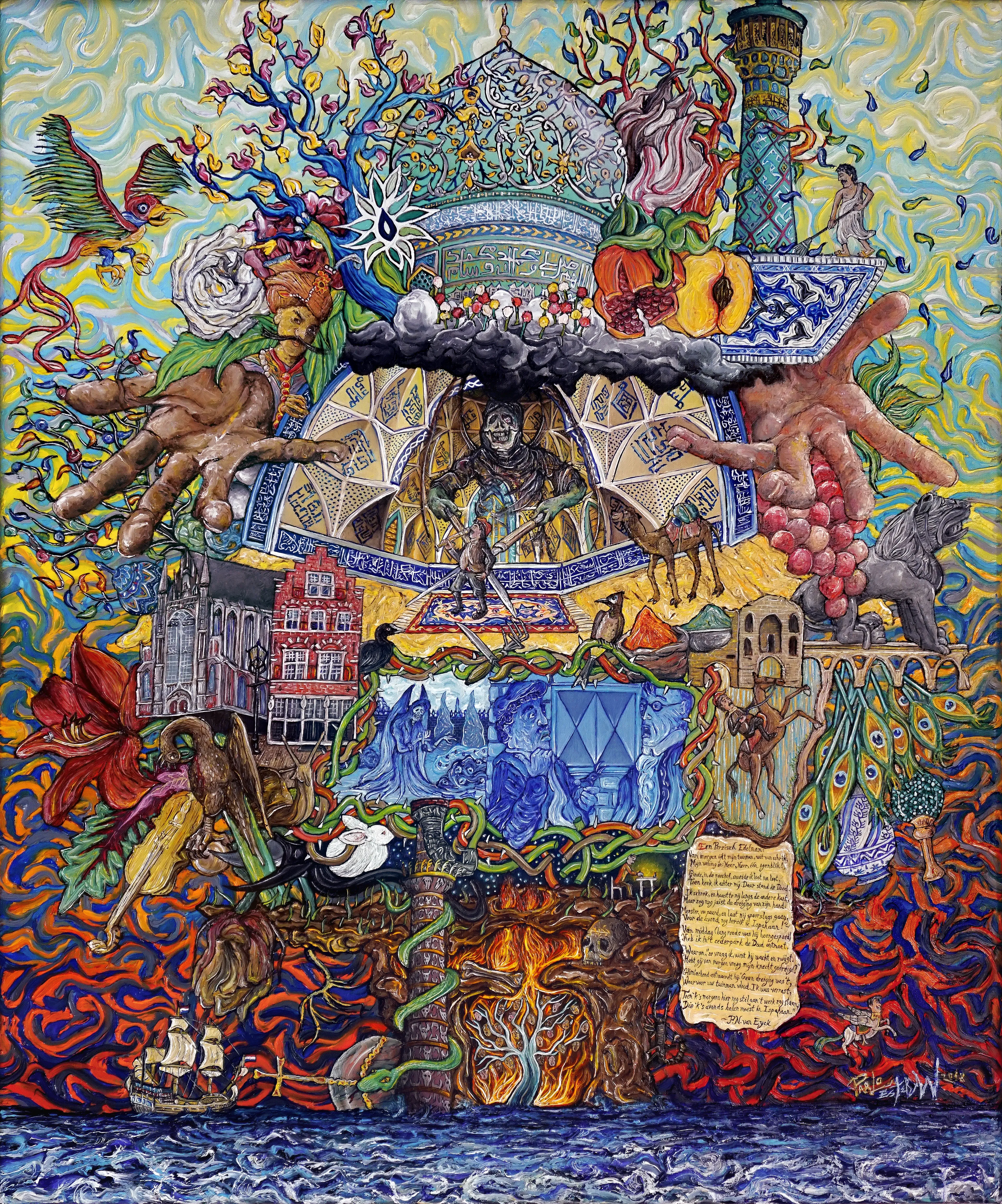 This NFT is titled 'The Gardener and Death' and is my take on the famous poem by Dutch poet P.N. van Eyck ( 1887-1954 ).

The original title of the poem is 'De tuinman en de dood' and it's about a nobleman, his gardener and his encounter with death. The translation of the poem goes something like this:

A Persian Nobleman:

Early this morn, pale with fright, my gardener
hastened into my home and cried: ‘Sir, sir, one moment, please!

Down in the rosary, pruning roses with care,
I turned to look behind me. Death stood there.

I took great fright, and made haste along the other side,
but still I caught the threatening gesture of his hand.

'Master, your horse! And let me try to get away.
Before the evening in Isfahan I will stay !’-

This afternoon (he'd long since had gone his way)
I came across Death down yonder in the cedar glade.

‘Why', I ask, because he stands and waits forlorn,
'Did you came to threaten my gardener this morn'?'
 
Smiling he answers: 'No threat it was,
wherefore your gardener fled, I was surprised,

That morning here to see still working the man,
I was to fetch that night in Isfahan.'
