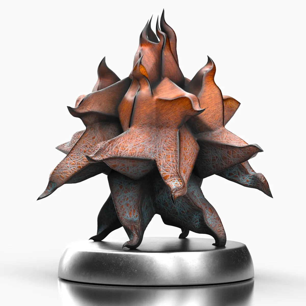 The tokenized 3D Sculpture "Physalis" is part of the Virtual Sculpture Series // About the Series: Though many of the works spark the desire to obtain and possess them, they are often skillful, nonphysical creations of a fantasy, much as others that seem to be confined to digital space are in reality massive physical creations in stone, wood or metal // Intended for Acajou Mahogany and Steel //  Signed by the Artist