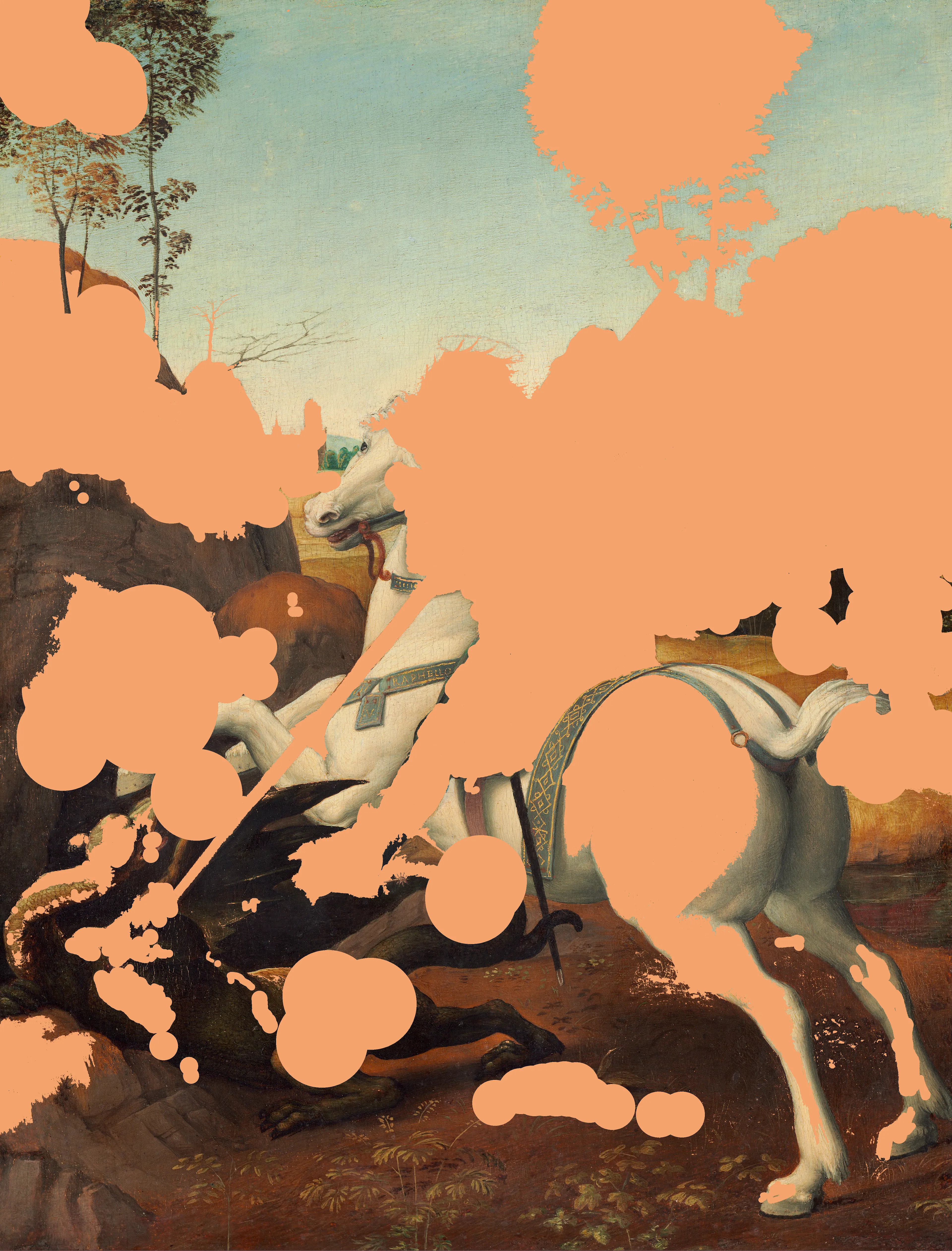 This is the third release (#3) from the Screen Memories collection,
which I began in 2017. Using an iPhone and a Macbook in combination, the series masks imagery in Renaissance paintings with colorful, screen-lit 21st-century shapes. W: 4145 px H: 5445 px. SIze: 25,941,781 bytes. Format: PNG. Tools: Union, Photoshop. Collection: Screen Memories.