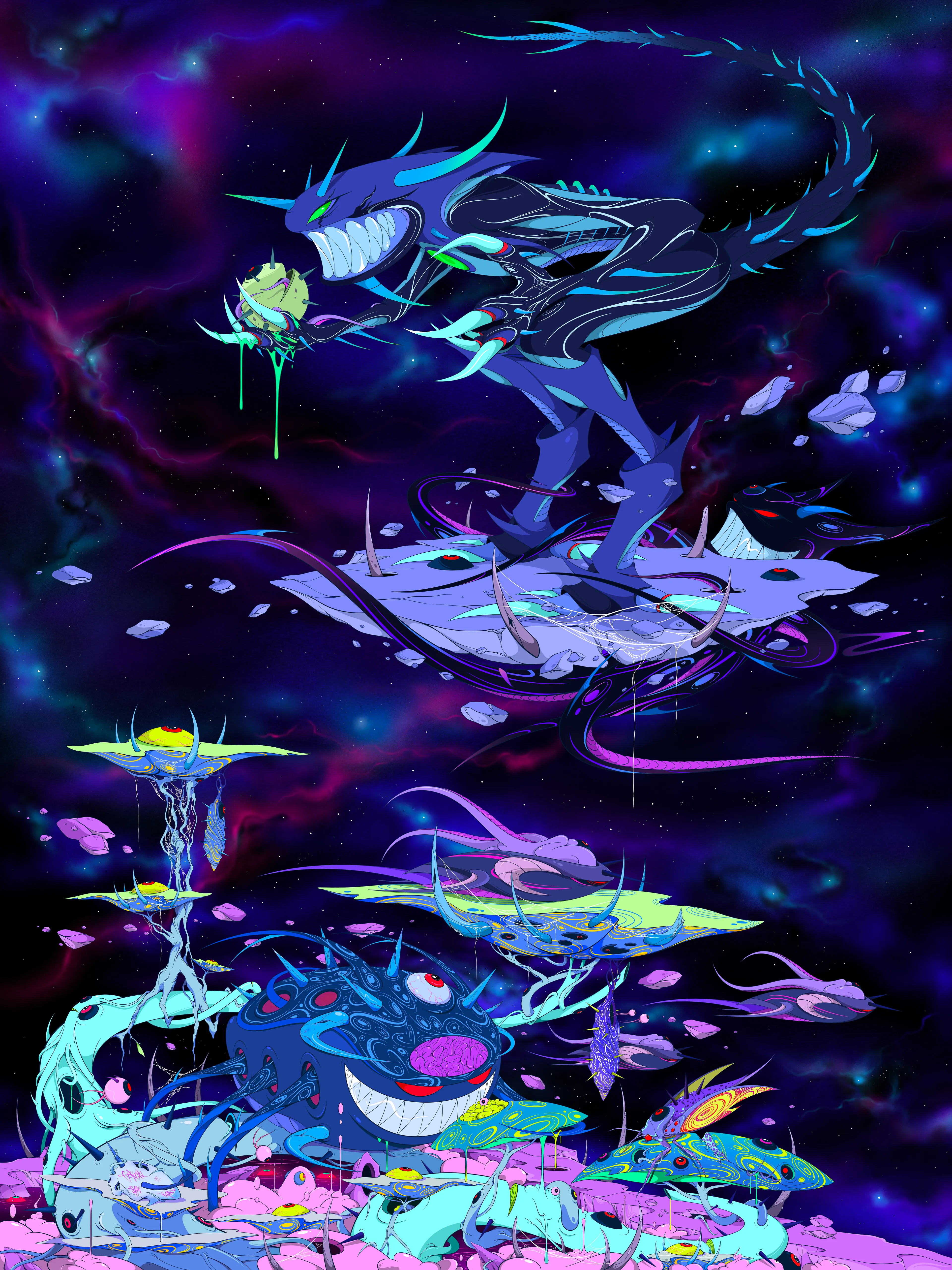 Alnitak is my 4th NFT since i joined this amazing space. With this piece i wanted to create something that i thought my inner child would be amazed at. I really wanted to push the boundaries of my heavy detailed oriented style. Zoom in to find the names of my first 3 nft collectors which i cant thank enough for changing my life! & before you ask, yes the movie Alien along with my favorite Nintendo game, Metroid Prime had a huge influence on the making of this piece. The collector of this piece will receive an 18x24 1/1 archival matte print that only they themselves in the world will have. It will come framed.--------Fun Facts about the piece// 6300px x8400px //473 Hours to complete over 4 months //Total strokes made 337791