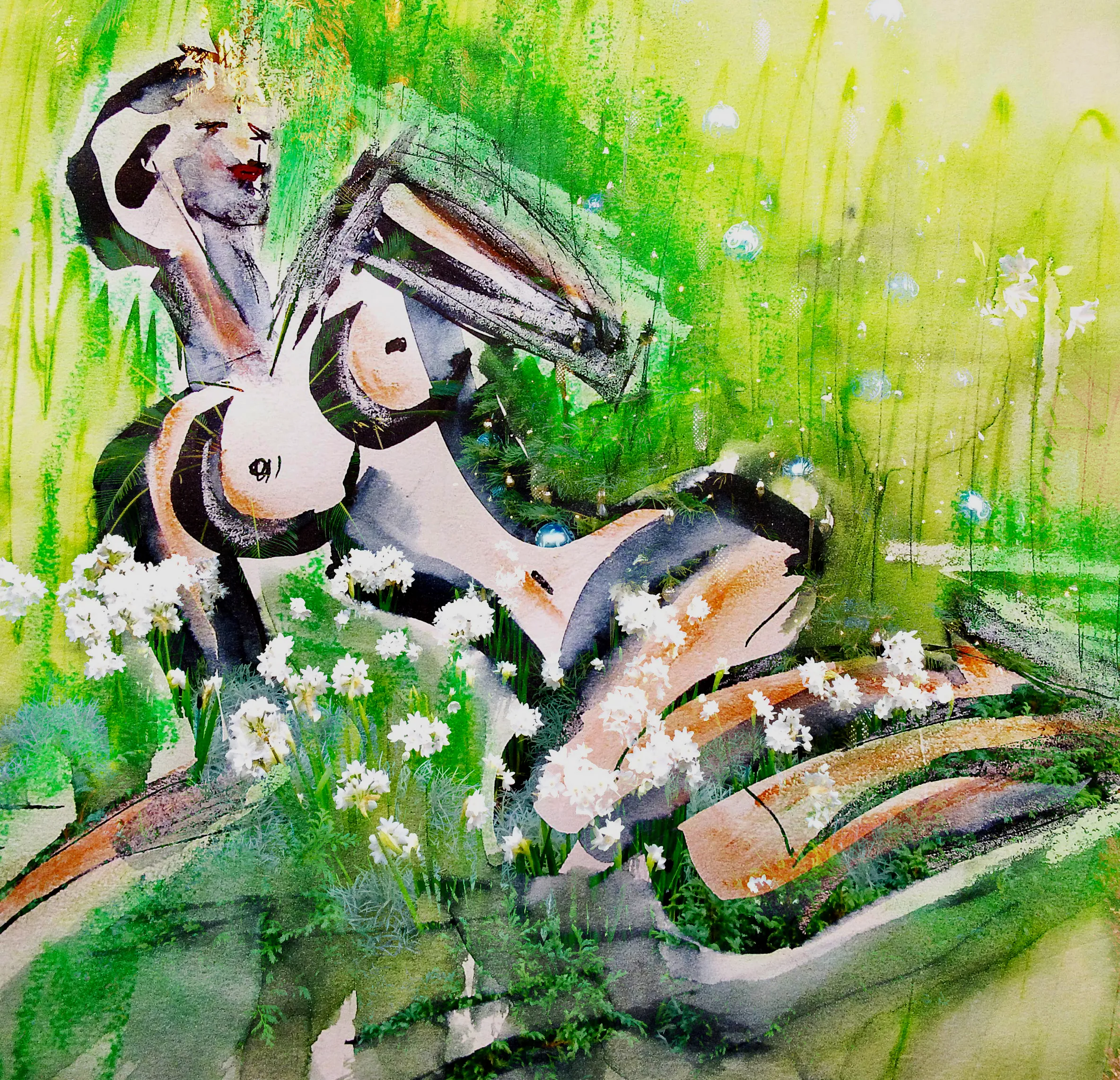 Computational collage of my original watercolor and ink painting and my digital photography