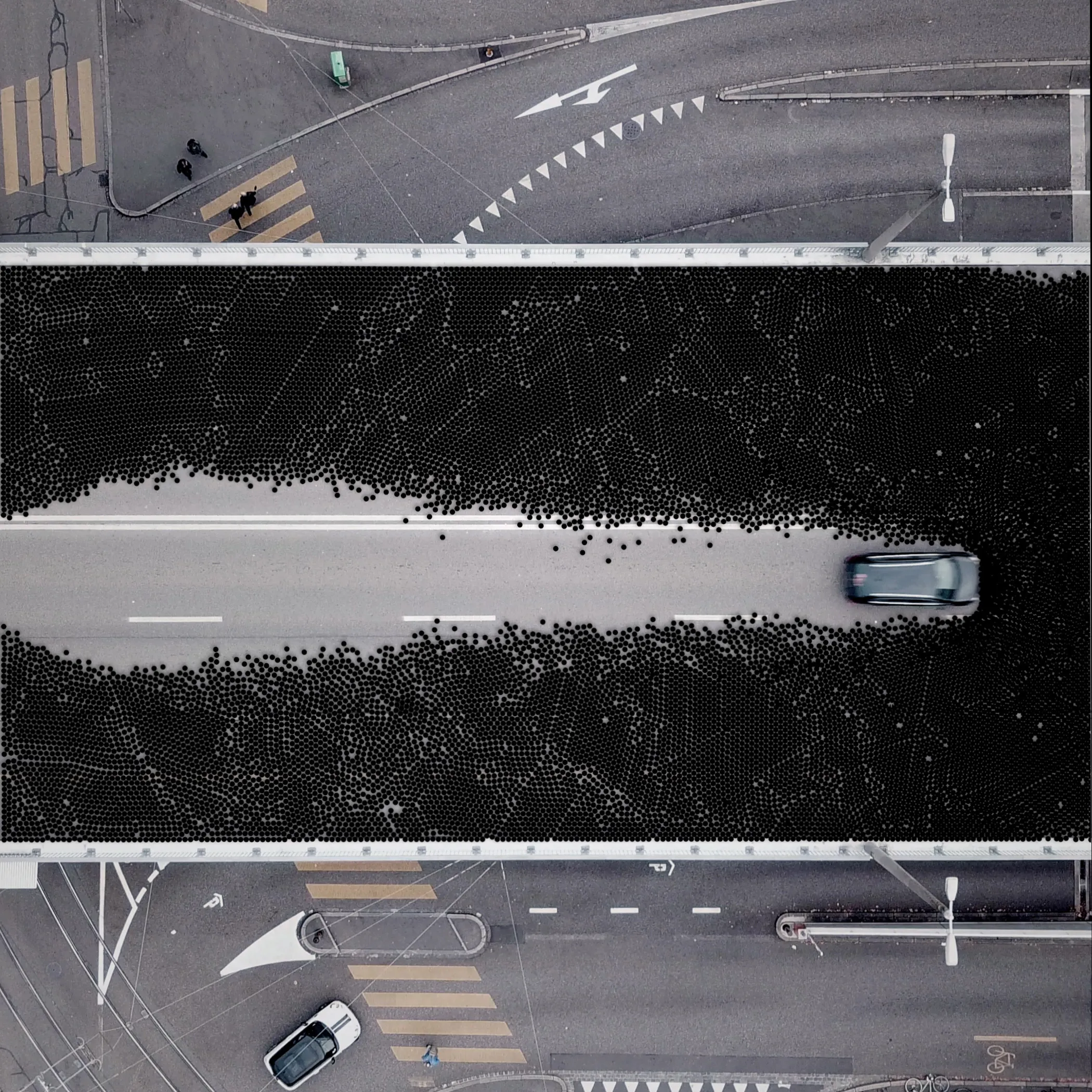 This work is part of a series which shows a place called «Heuwaage» in Basel. A Highway with driving vehicles was filmed by the use of a drone. Digital shapes were placed into the scene. The vehicles drive into the objects without braking, which results in a bizarre situation. An investigation of the interface between the real and the digital world.