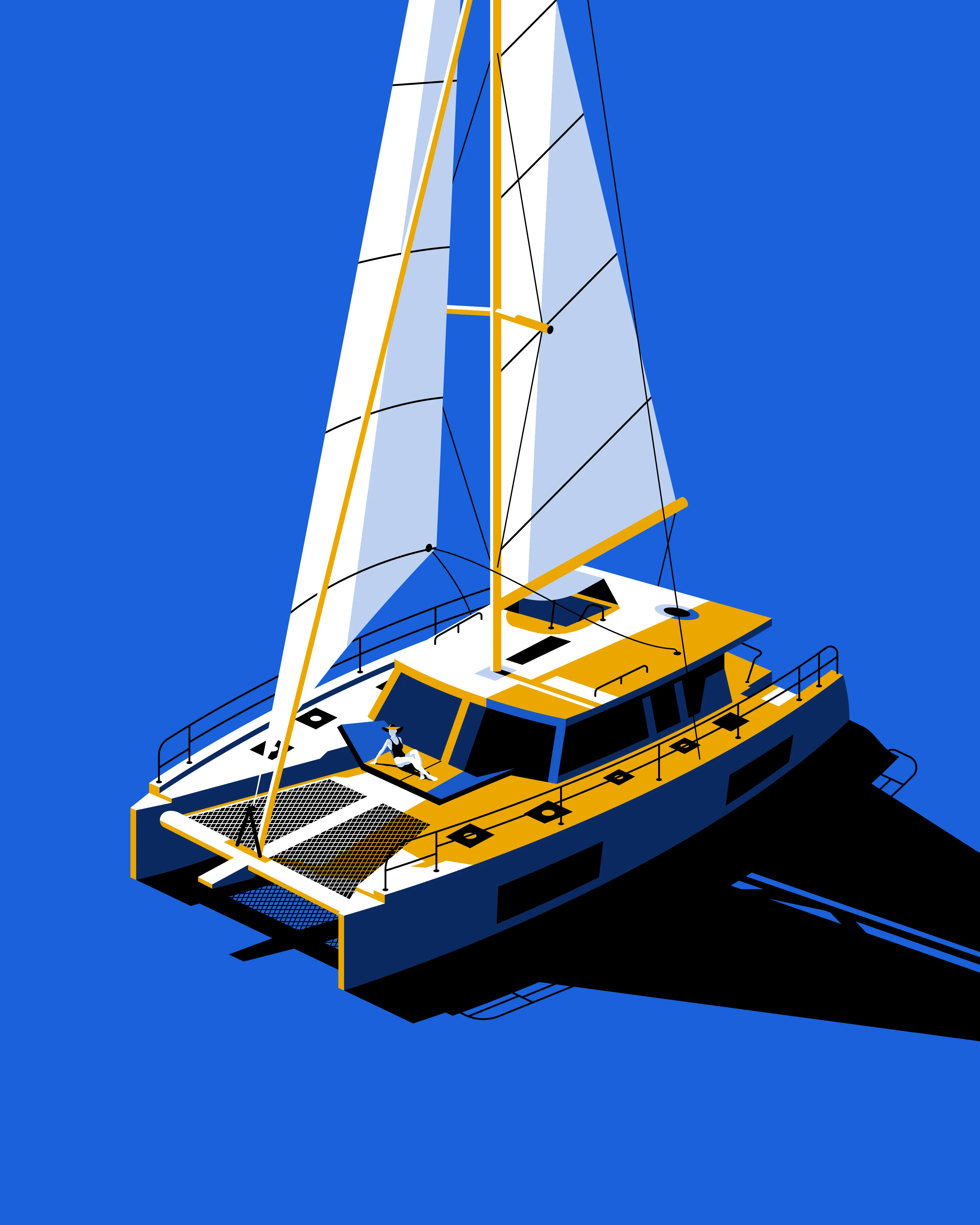 The destination is unknown, but we are on a catamaran. 