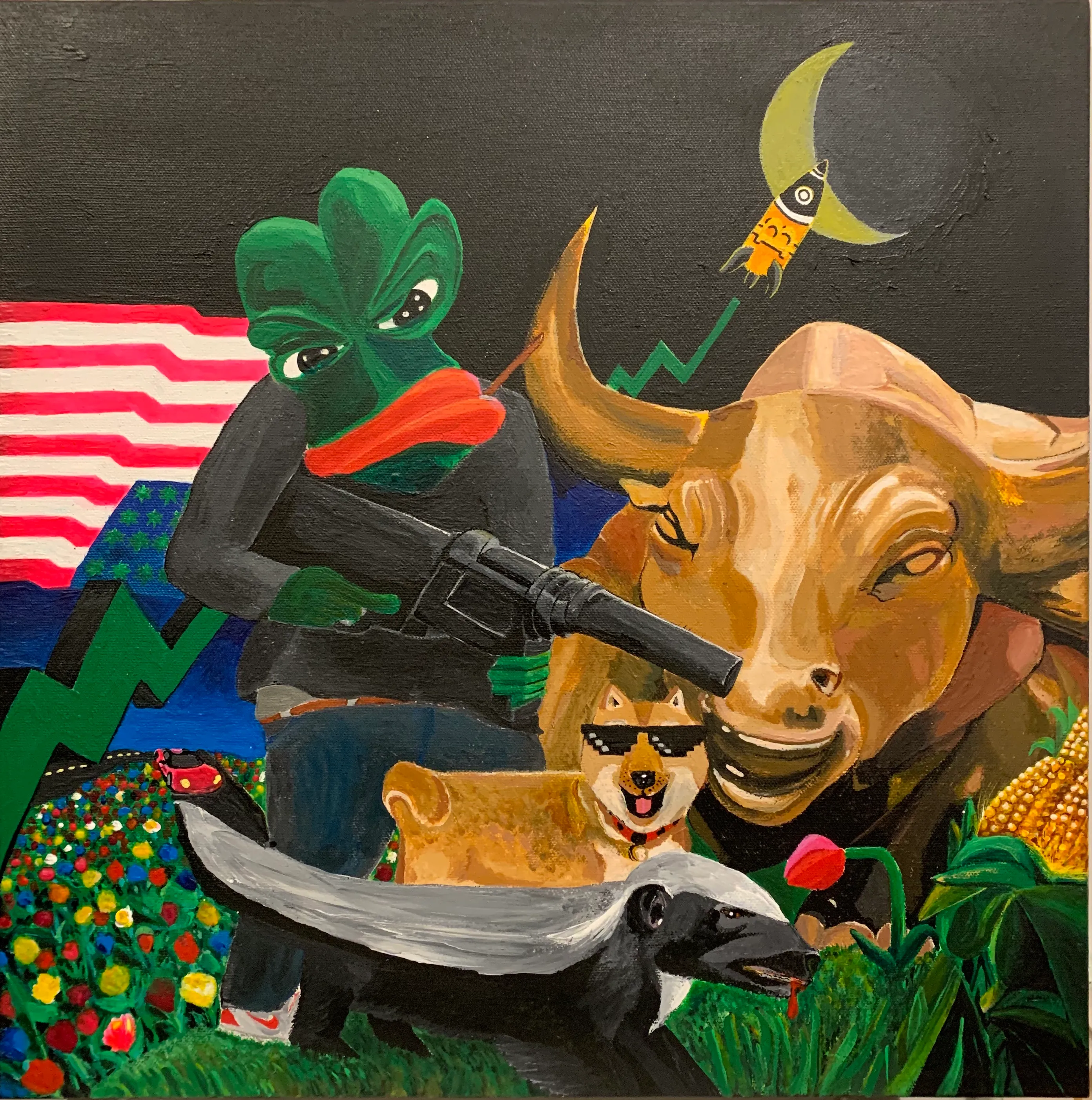 24" x 24" Acrylic on Canvas

Can you count all of the Bitcoin memes in the painting?