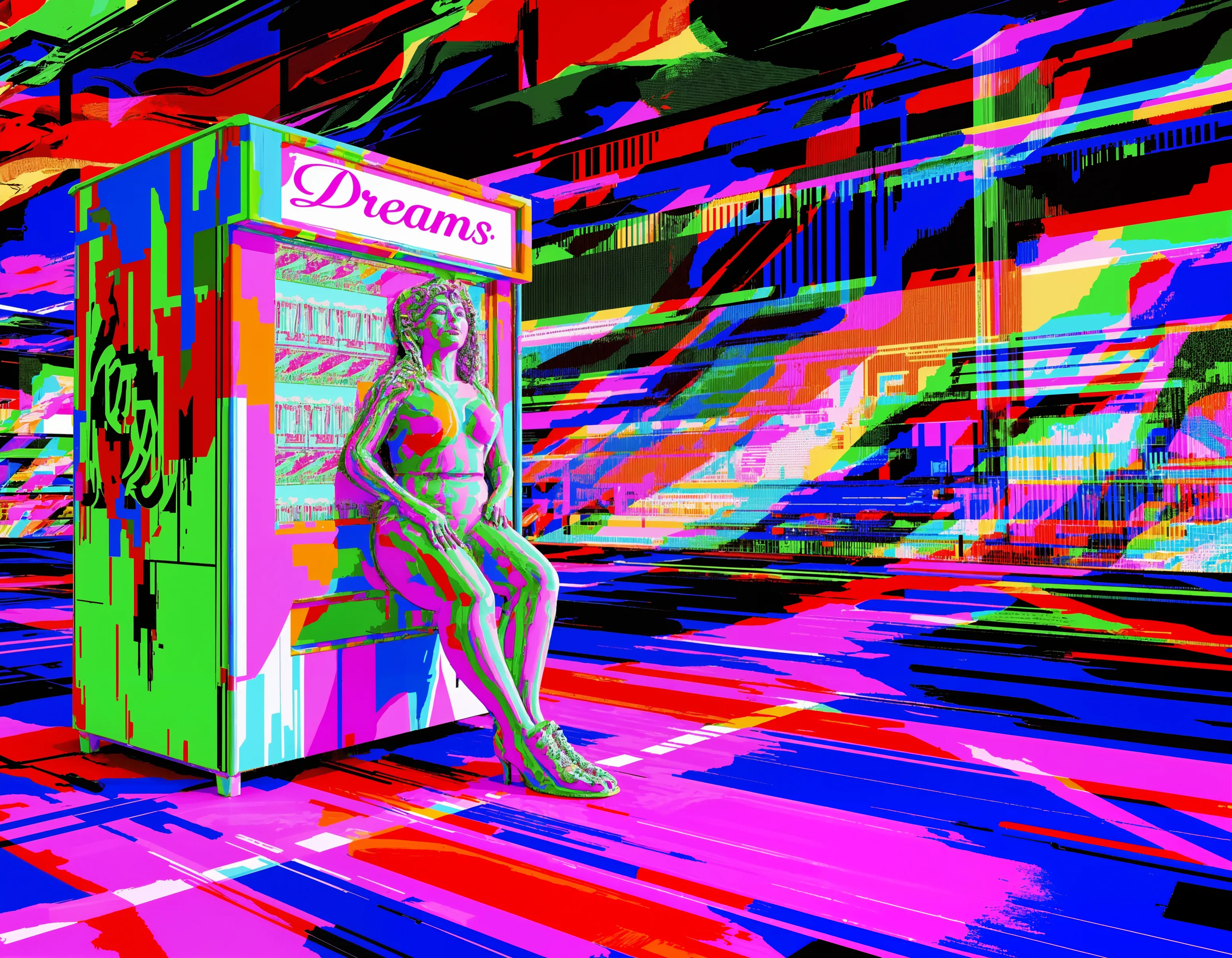 A vending machine for dreams hums in a neon void.
She sits beside it—soft, defiant, glitched into being.
Desire, digitized. Longing, looped.
This is where consumption becomes communion.

Created with an AI Lora trained on the artist’s catalogue of work 