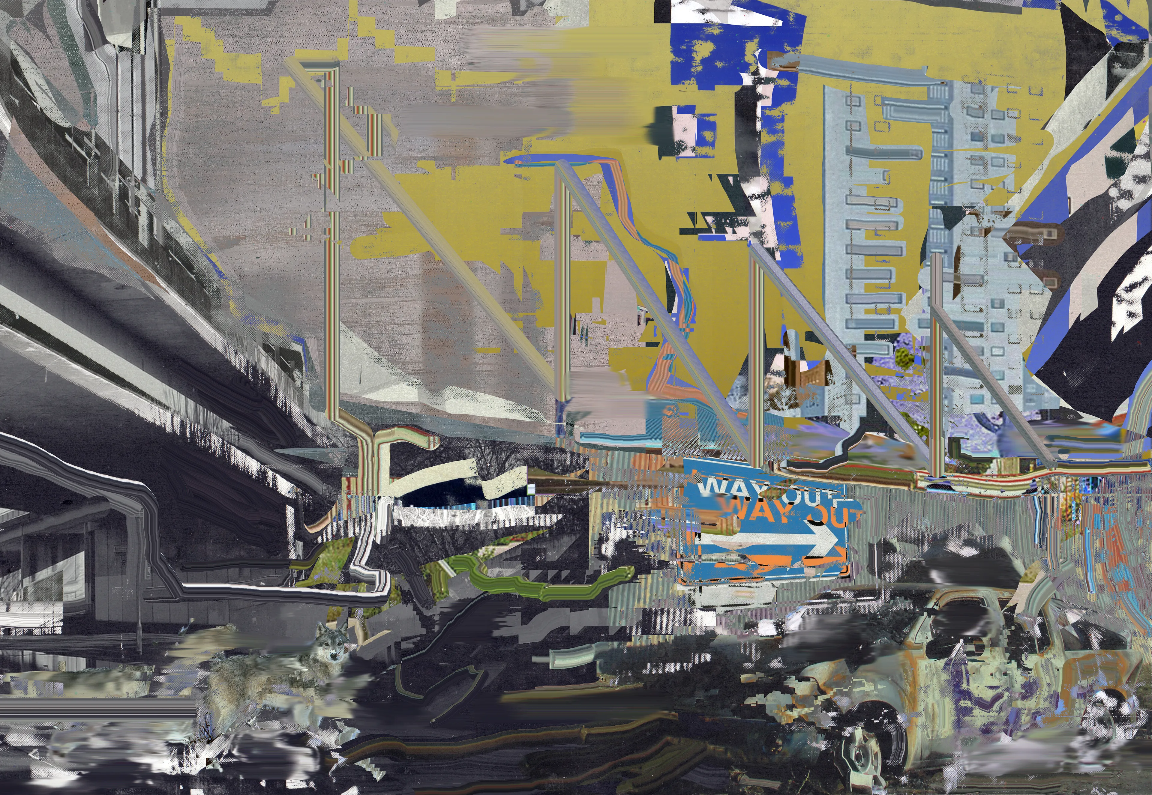 The Pentland Experiment is an on-going project which depicts an alternative reality on the outskirts of Edinburgh. Using electronic techniques, which converge the digital and physical, Harman creates abstracted motifs within sparse landscapes. Figures and structures are deliberately burred from the viewer in these highly staged algorithmic compositions. Within the corruption of the digital, there is a break up of information, which leaves the viewer flickering between abstraction and figuration