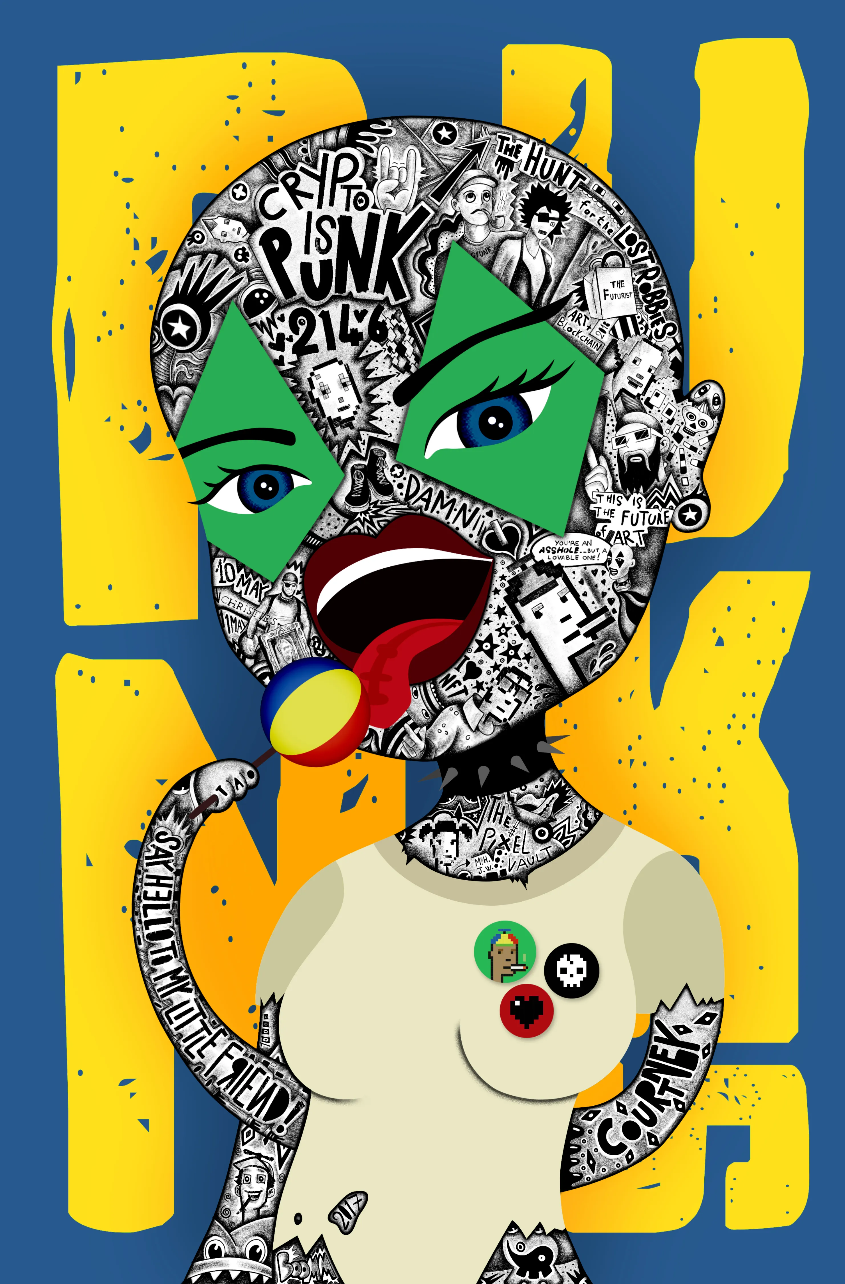 Artwork inspired by Courtney (CryptoPunk 2146), one of the protagonists of PUNKS Comic Genesis, Issue 1, May 2021.
In partnership with PUNKS Comic by Pixel Vault (punkscomic.com)