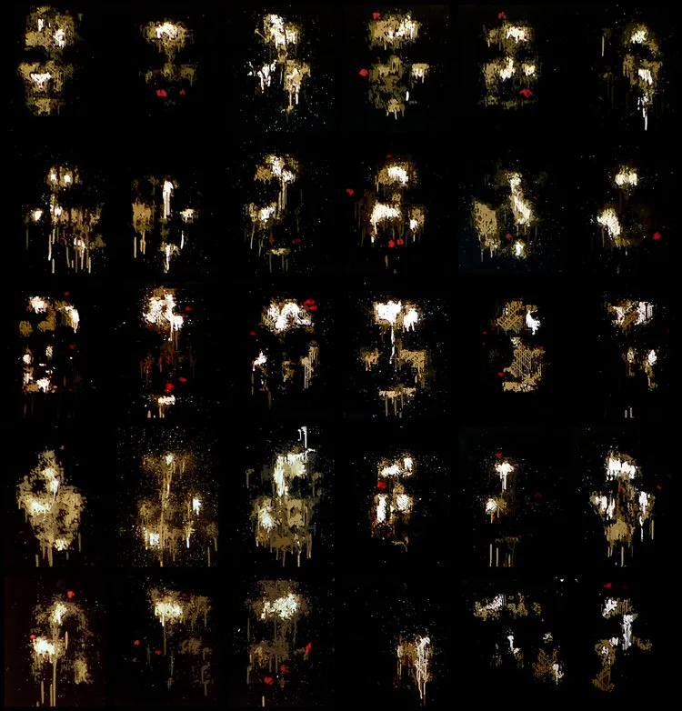 When neural networks generate human faces, there is a stage early in the process where ghost like shapes first begin to trigger facial recognition algorithms. These are a robot's paintings of those faces as they first emerge from its imagination. 