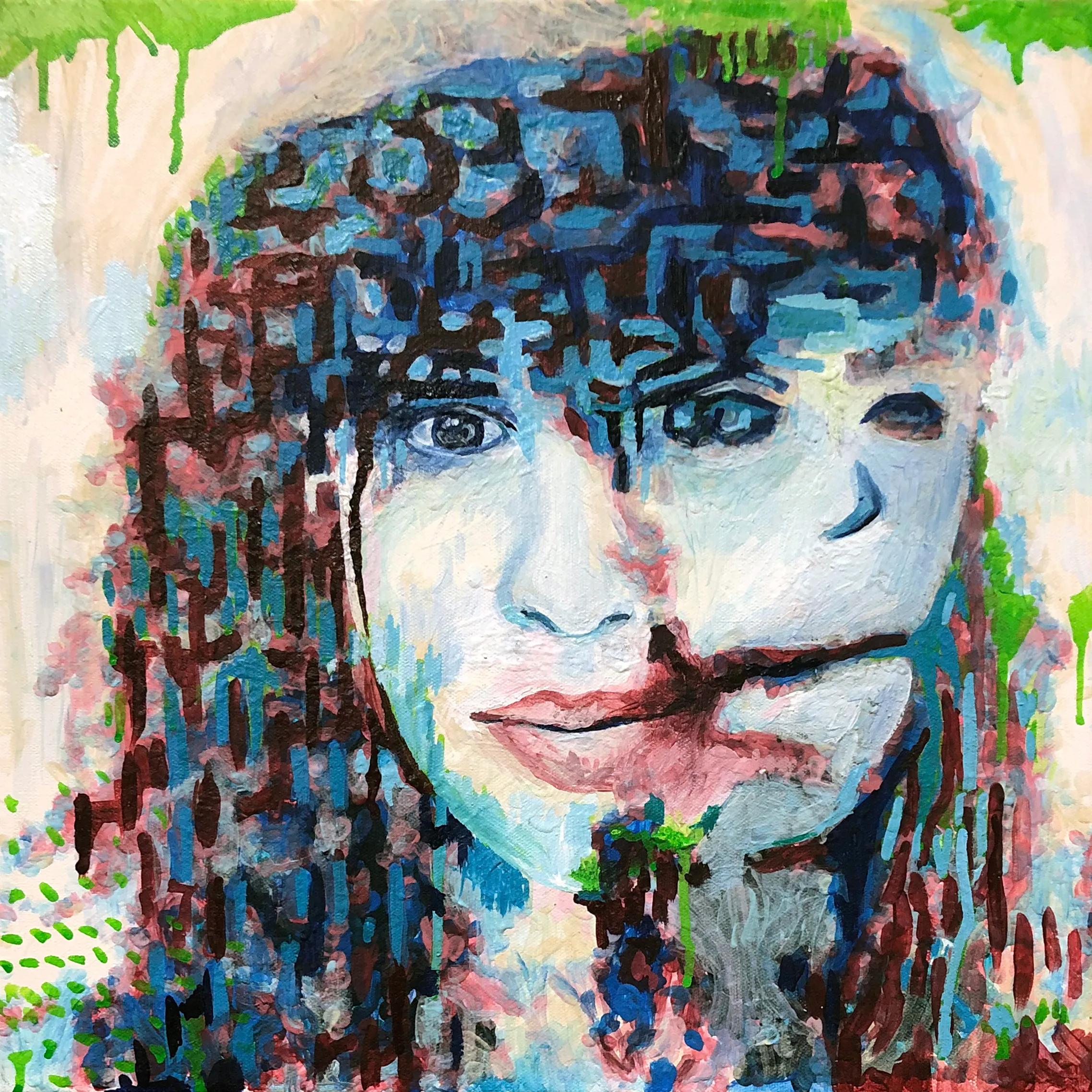 AI portrait made in a collaboration between artonomous, Kitty Simpson, Pindar Van Arman, and Sarah Maryam Moosvi. For the artists, the work evokes the two faced Roman god Janus, and how that relates to the year 2020. For artonomous, the artificially creative robot, it is 17,496 brushstrokes based on images supplied by the artists, which it then interpreted using feedback loops, neural networks, and dozens of AI algorithms.