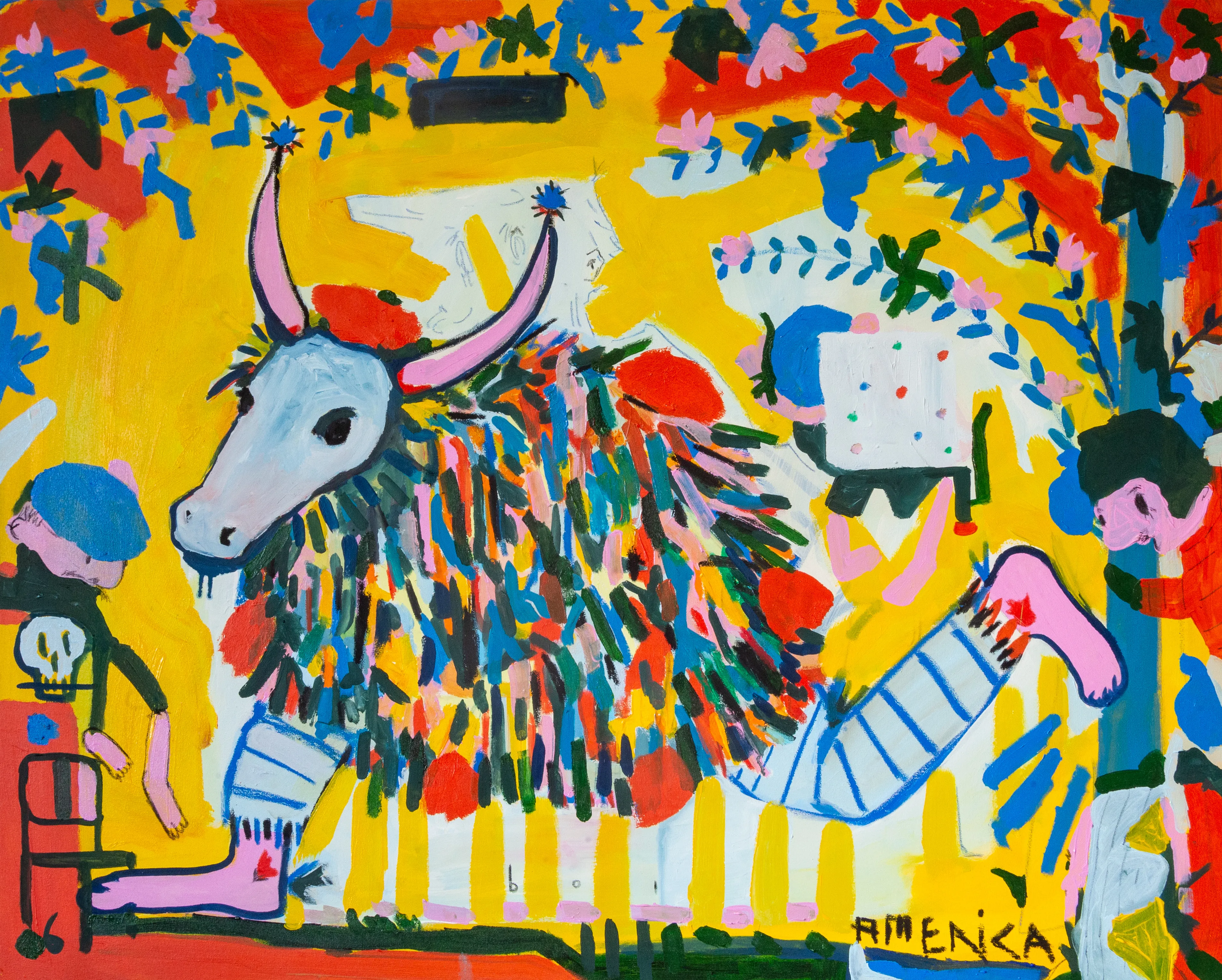 A vibrant chaos of color and folklore, this piece centers on a mythic ox charging through a dreamlike carnival. Around it, masked figures and disjointed limbs blur the line between celebration and struggle. It’s a scene pulsing with tradition, satire, and resistance.

This is America beyond the cliché — the layered, wild, postcolonial version shaped by ancestral memory and cultural performance. The ox becomes a symbol of endurance, heritage, and identity in flux. Bursting with color and contradiction, the work challenges us to rethink what’s hidden beneath the mask — and whose story is being told.

The first collector of this piece will receive the original physical painting. Shipping costs are the buyer’s responsibility.
Size: 80 × 100 cm (31.5 × 39.4 in)