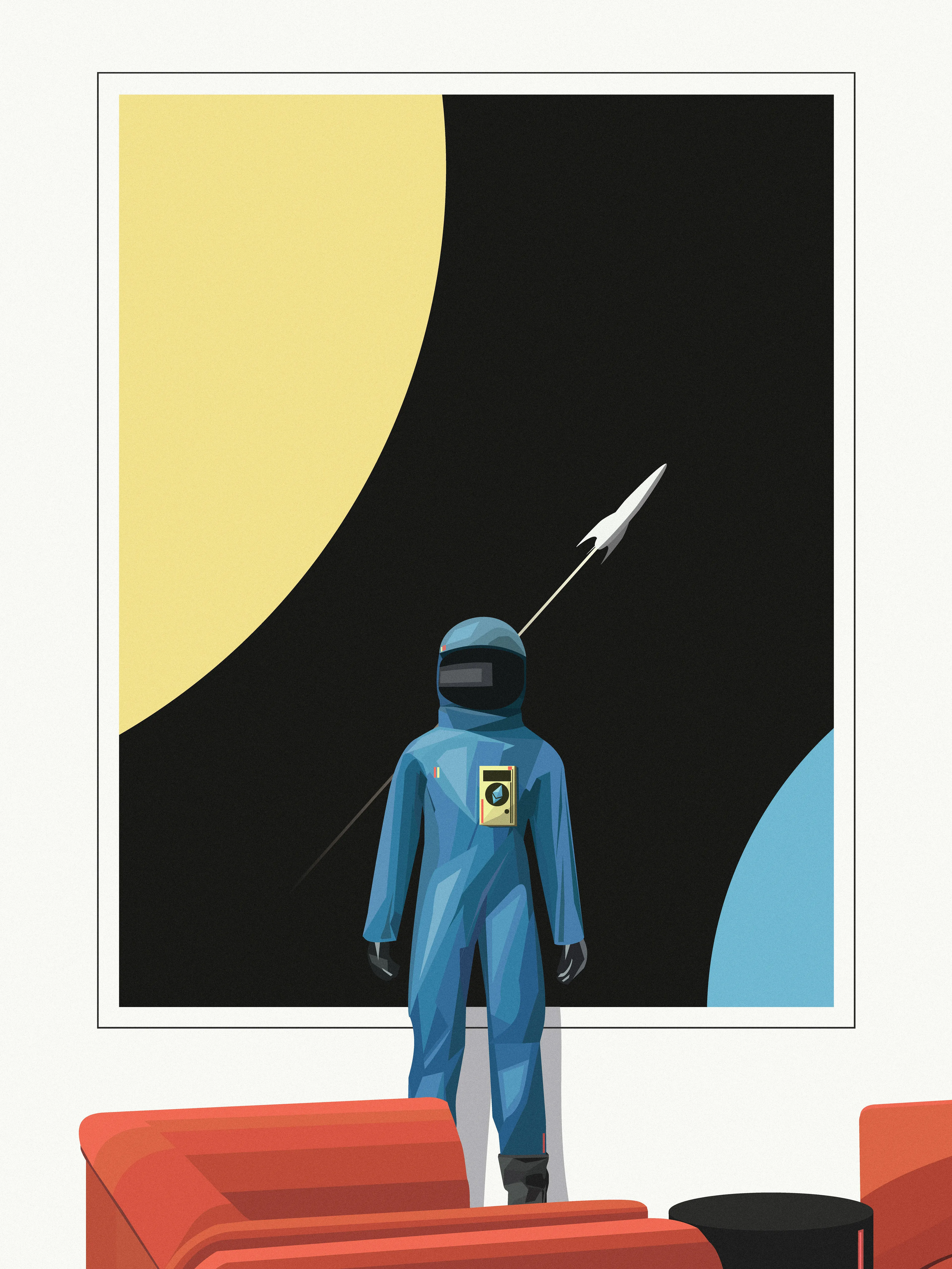 From the “Space” series, “Space In Primary” is a compositional exploration of retrofuturism, science fiction, and midcentury modern through the use of primary colors. 

Additionally, the Ethereum logo within the yellow comms box highlights the monumental role NFTs have had in revolutionizing the art world.  