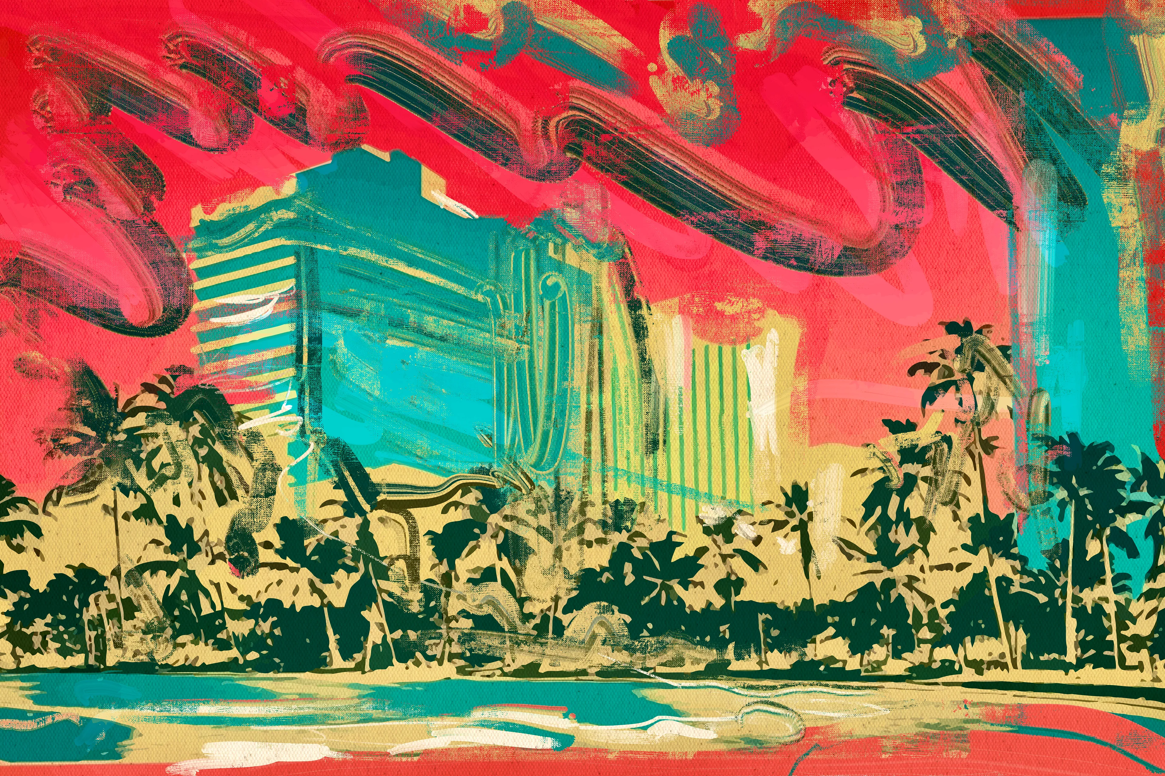 MIAMI 85 - From the MEGA DROP CORP history vault we are proud to release a collection of 1/1 digitized screen prints on canvas to coincide with Art Basel Miami 2022. Each artwork is a lush, saturated, abstract depiction of "The Magic City".  