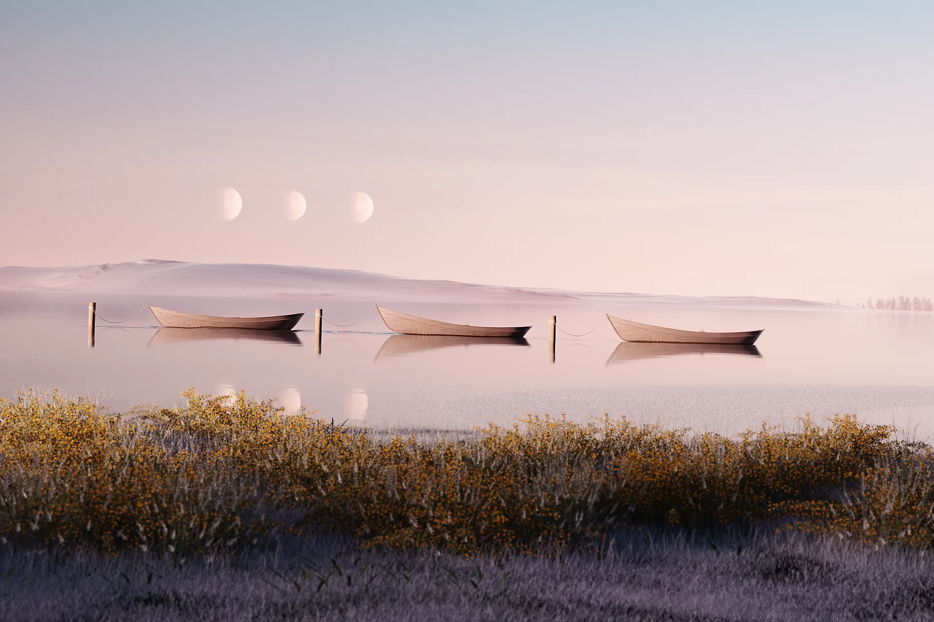 The first loop is about a journey of Four or Three canoes and moons that belong to a surreal but pleasant virtual space.

1920x1280px resolution.
By Six N. Five