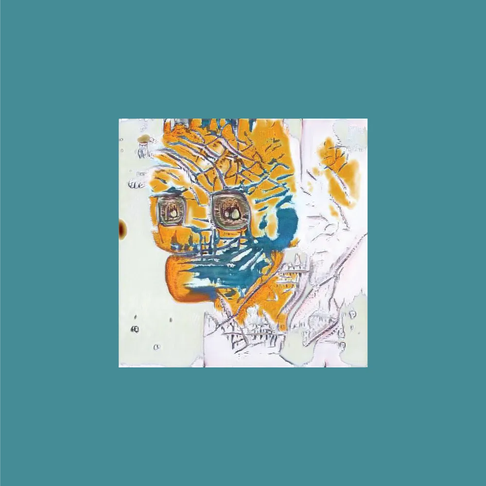 Artwork created from GAN (generative adversarial network) trained on paintings and drawings by Jean Michel Basquiat with some influence from a model trained on the Simpsons.