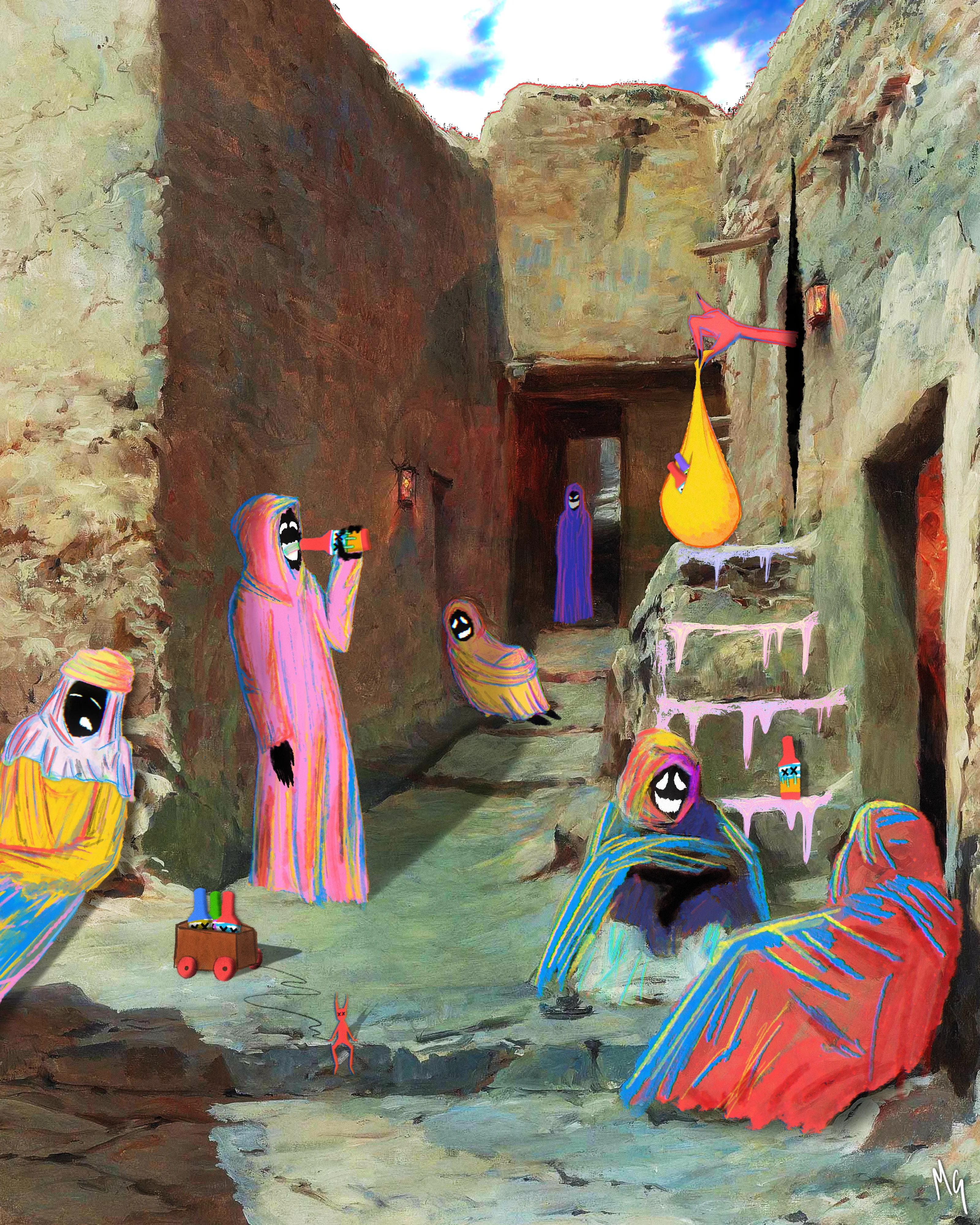 Living the good life. 
3200x4000 pixels
Based on "A Moonlit Street In North Africa" by Eugene Girardet