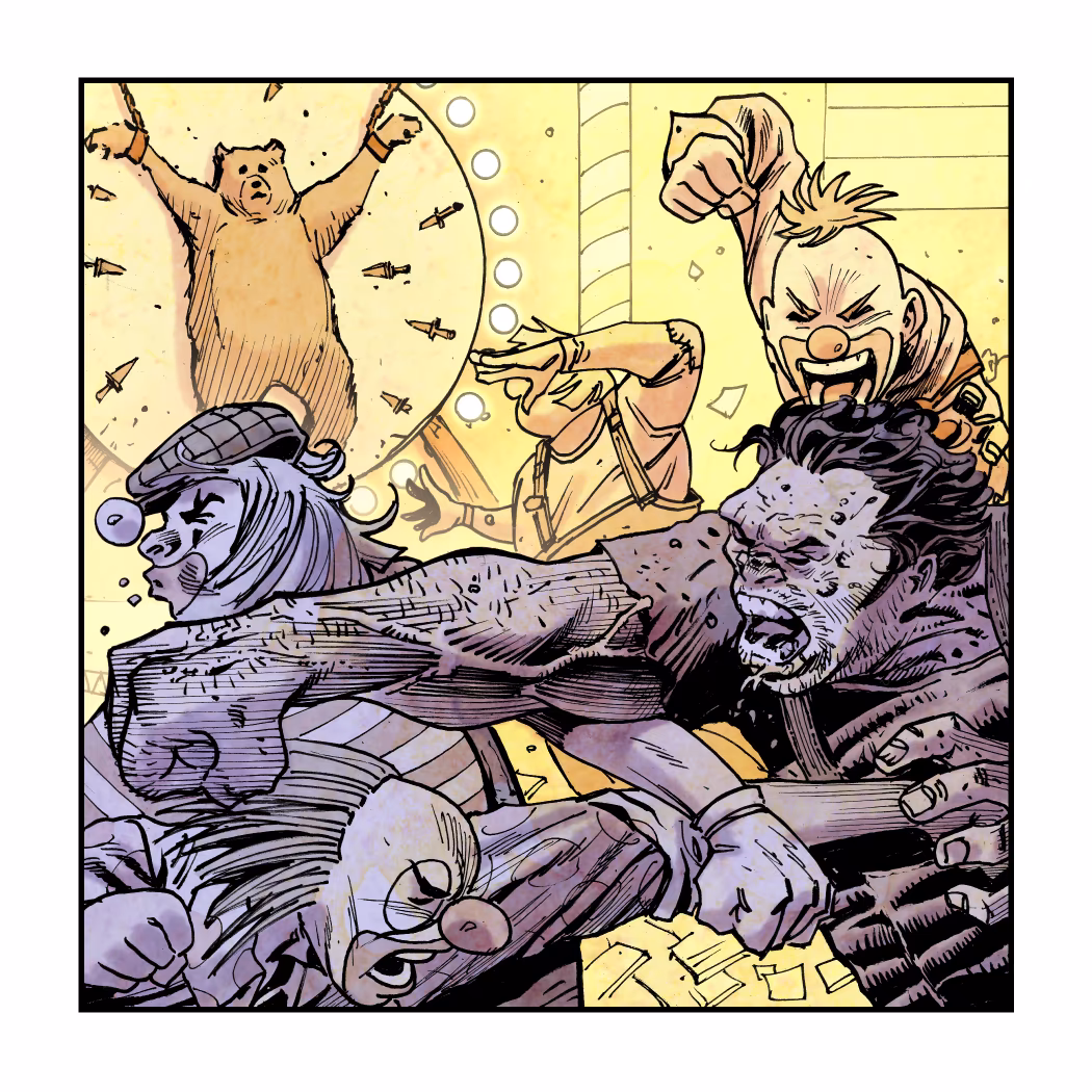 Panel Two of CLOWN PUNCHER
A Three Panel Crime Story
Script: @threepanelcrimes
Art: @dexterweeart
Colors: @kotecarvajal
Owner has the right to burn token in exchange for original inked physical art.