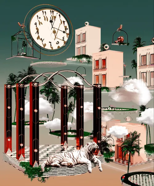 This piece envisions a small Sudanese city from the future. Ancient and contemporary Sudanese architectural motifs can be found in this city.