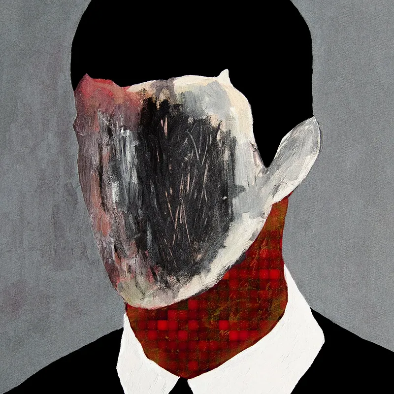 The painting has recently been displayed during CADAF Online 2020 (Contemporary & Digital Art Fair) and is currently exhibited at the Museum of Contemporary Digital Art (MoCDA) in their art show “Digital Bodies, concerning bodily structures”, on view at mocda.org until Sept 30th.
Atychiphobia means fear of failure; a visceral, profound feeling that is captured in this piece. The figure appears stifled by their formal attire and the imposing grey background. This contrasts the harsh, almost choking effect the red transition seems to have as it engulfs the figure’s neck.
The rapid brushstrokes across the face create a mask-like effect, allowing anyone to project themselves into the piece, mirroring an all-too familiar sense of alienation that is exacerbated by modern life and its demands for absorption.
Chloe Diamond, curator at MoCDA
