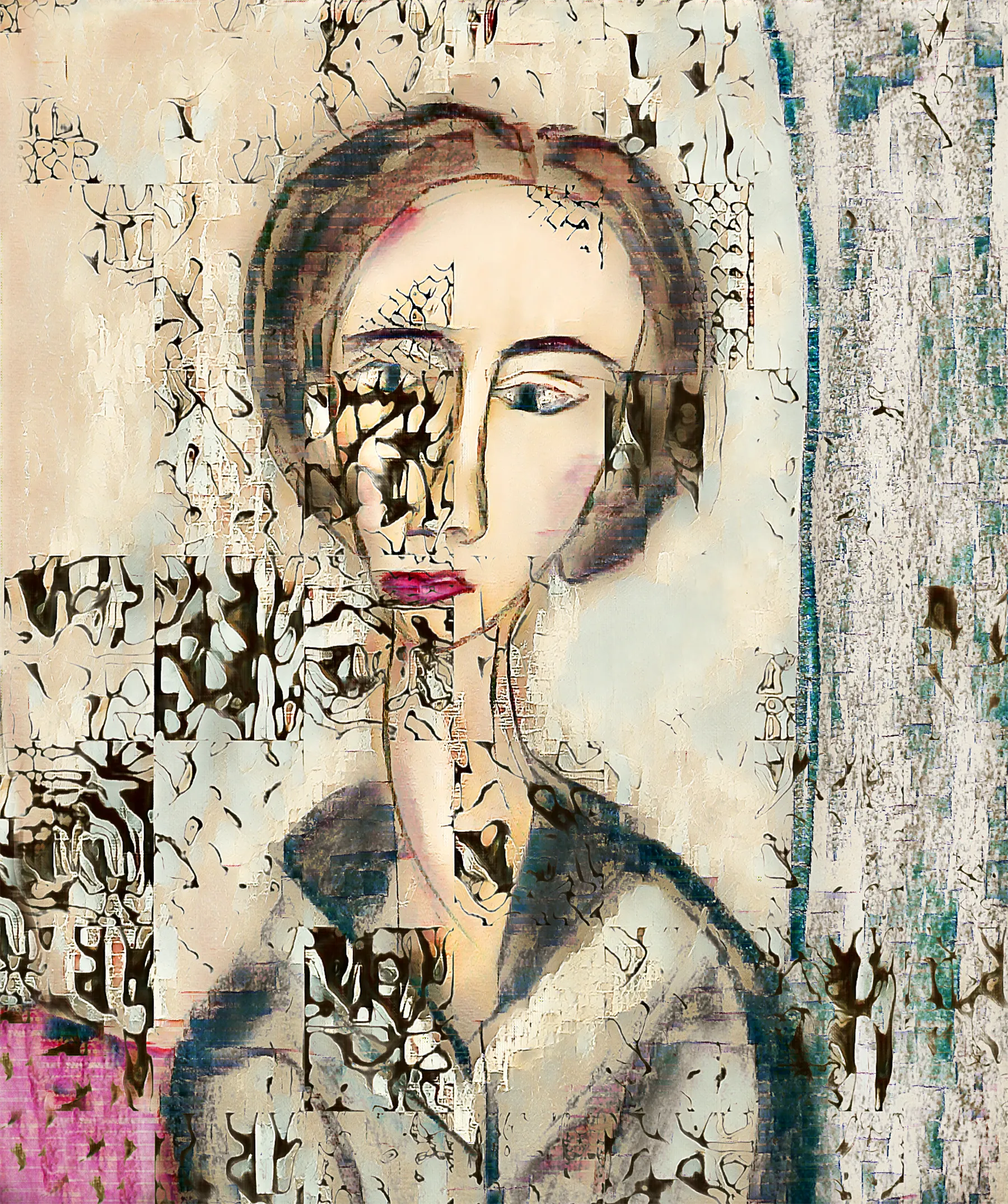 This work started as an analog drawing transcribing a Modigliani painting; it was chained via several cycleGAN models, and blended with a random output of my GAN Weaver model