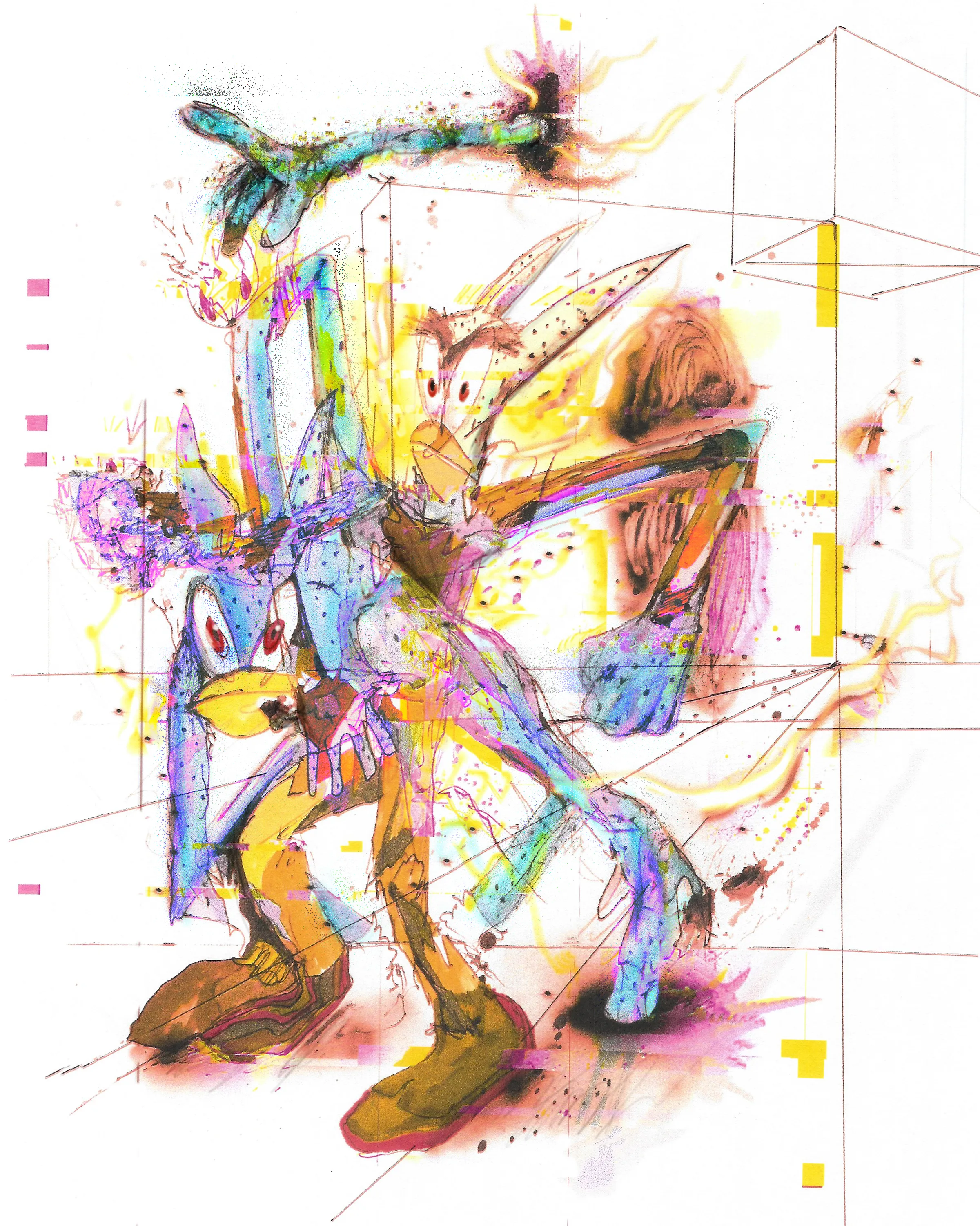 This artwork portrays Dots, a character that I have been working on, with and against for the past 2 years. Our relationship is very unique, as we are always in a constant state of battle. Creator and creation, ying and yang, there exist between Dots and I an energy of duality. He has the power to hop into other dimensions with portals that he has on his body in the form of dots. In each dimension, he gains a new ability. Aleqth and Dots create beautifully violent works of art together, and though they are usually at odds, they need each other.