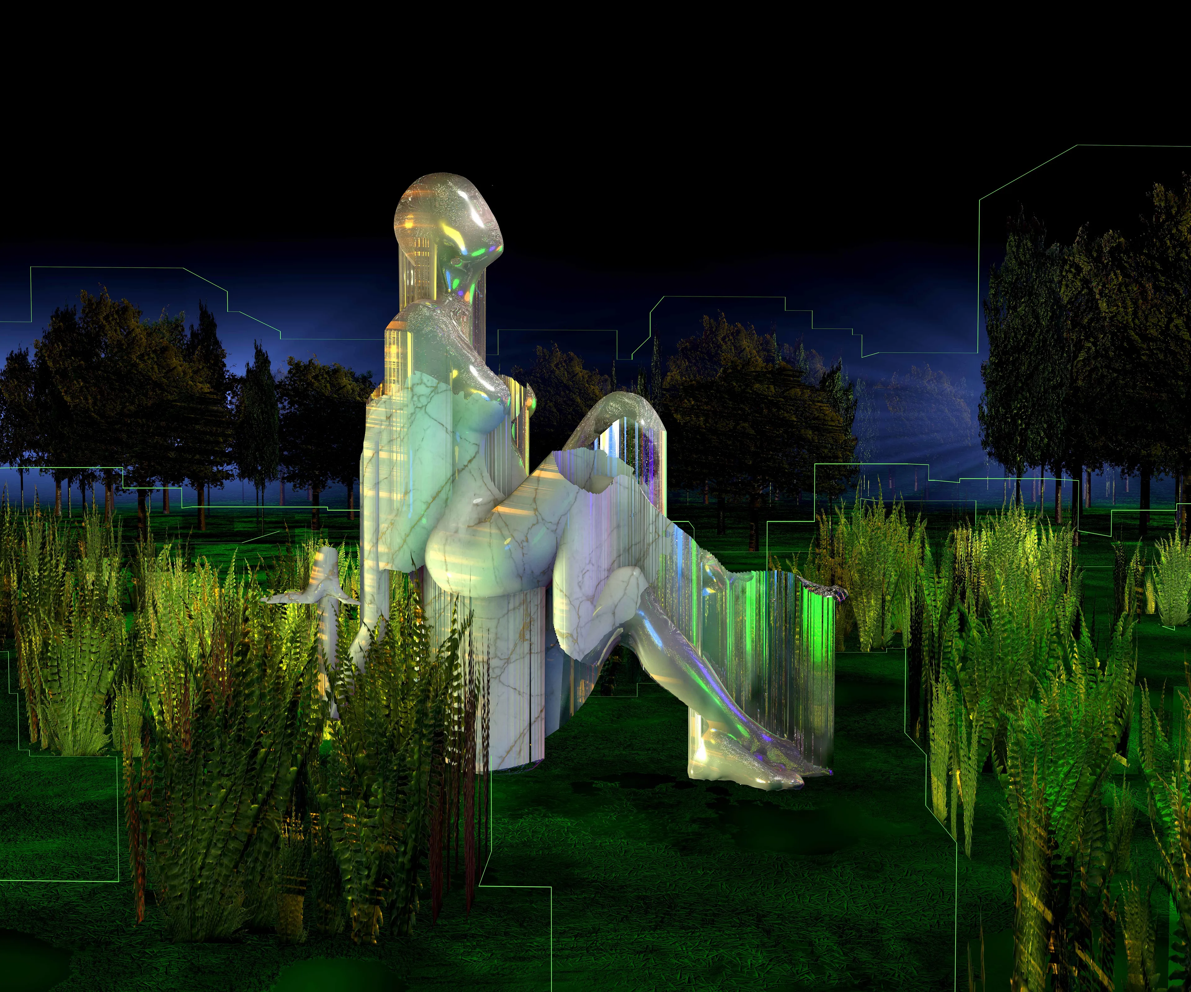 Monade IV is part of a series made with 3D scans of the artist's body, which became the raw material to be digitally sculpted, deconstructed and re-contextualized. Many inspirations have informed this project, such as the concept of the cyborg by Donna J. Haraway, Hans Bellmer's drawings, Greek Mythology as well as an underlying reflexion on self portrait and the place of the body in the digital world. Captive within the limitations of their own subjectivities, these cyborg/goddesses embody the concept of monade, where each individual is a fragmented mirror of a larger reality.

Artwork information: 
1920x1600pixels, 30 fps., 2020
1:08 loop
JPG available.