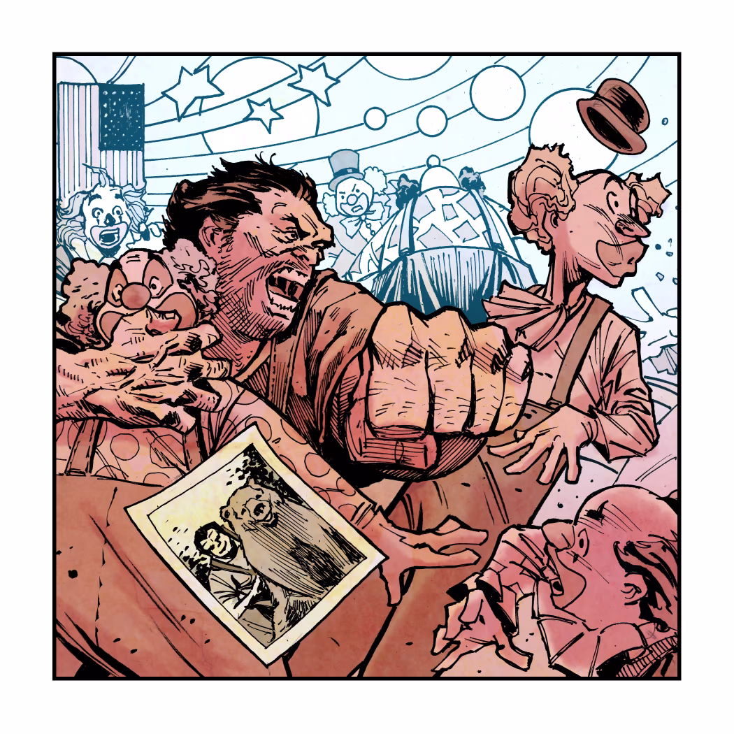 Panel One of CLOWN PUNCHER
A Three Panel Crime Story
Script: @threepanelcrimes
Art: @dexterweeart
Colors: @kotecarvajal
Owner has the right to burn token in exchange for original inked physical art.
