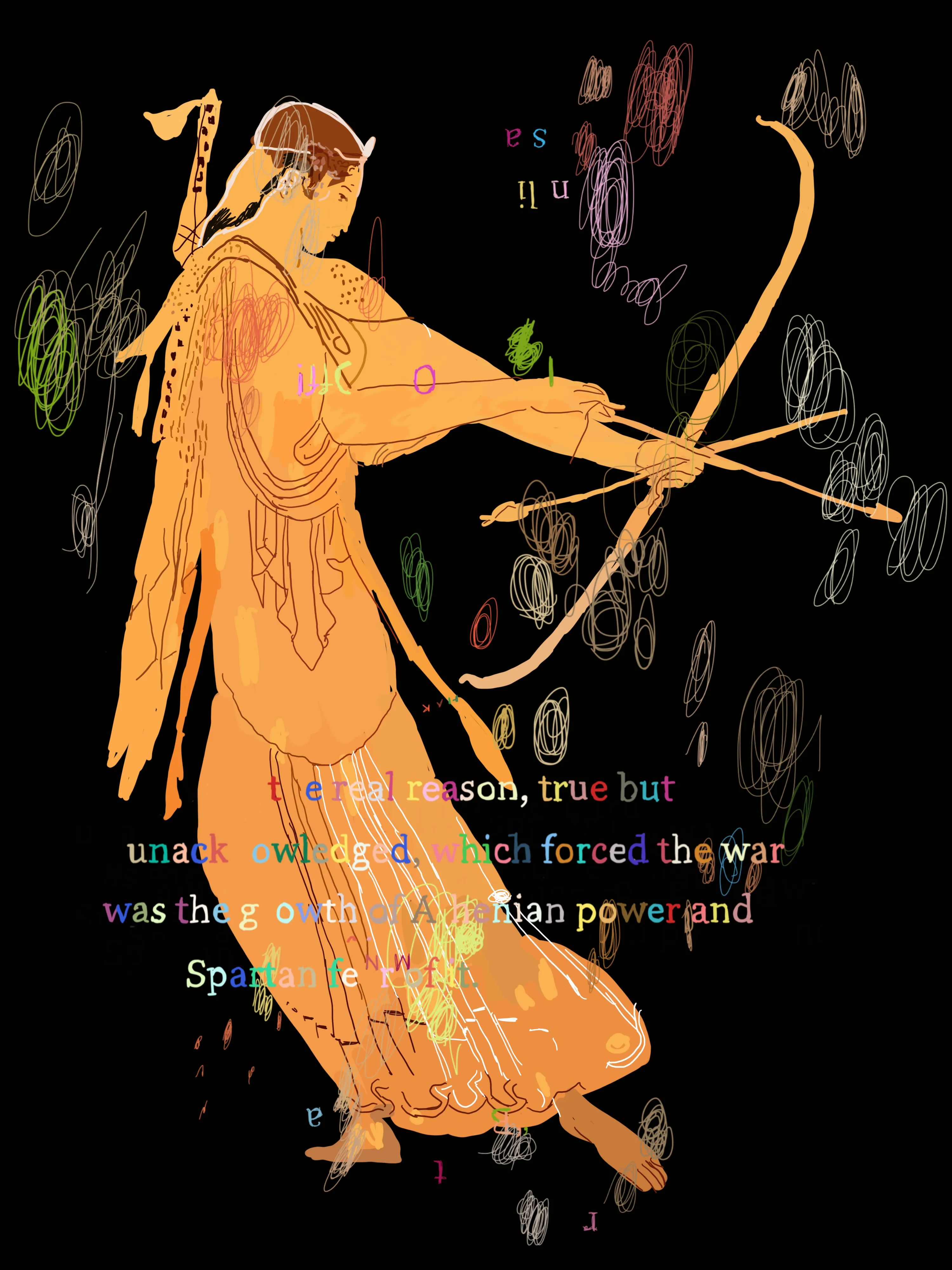 W: 3000 px H: 4000 px created on an iPhone 6S.  "The real reason, true but unacknowledged, which forced the war was the growth of Athenian power and Spartan fear of it." The Peloponnesian War, Book 1.23 (Introduction). Card #9 of The Peloponnesian War trading card artbook by Adrian Pocobelli.