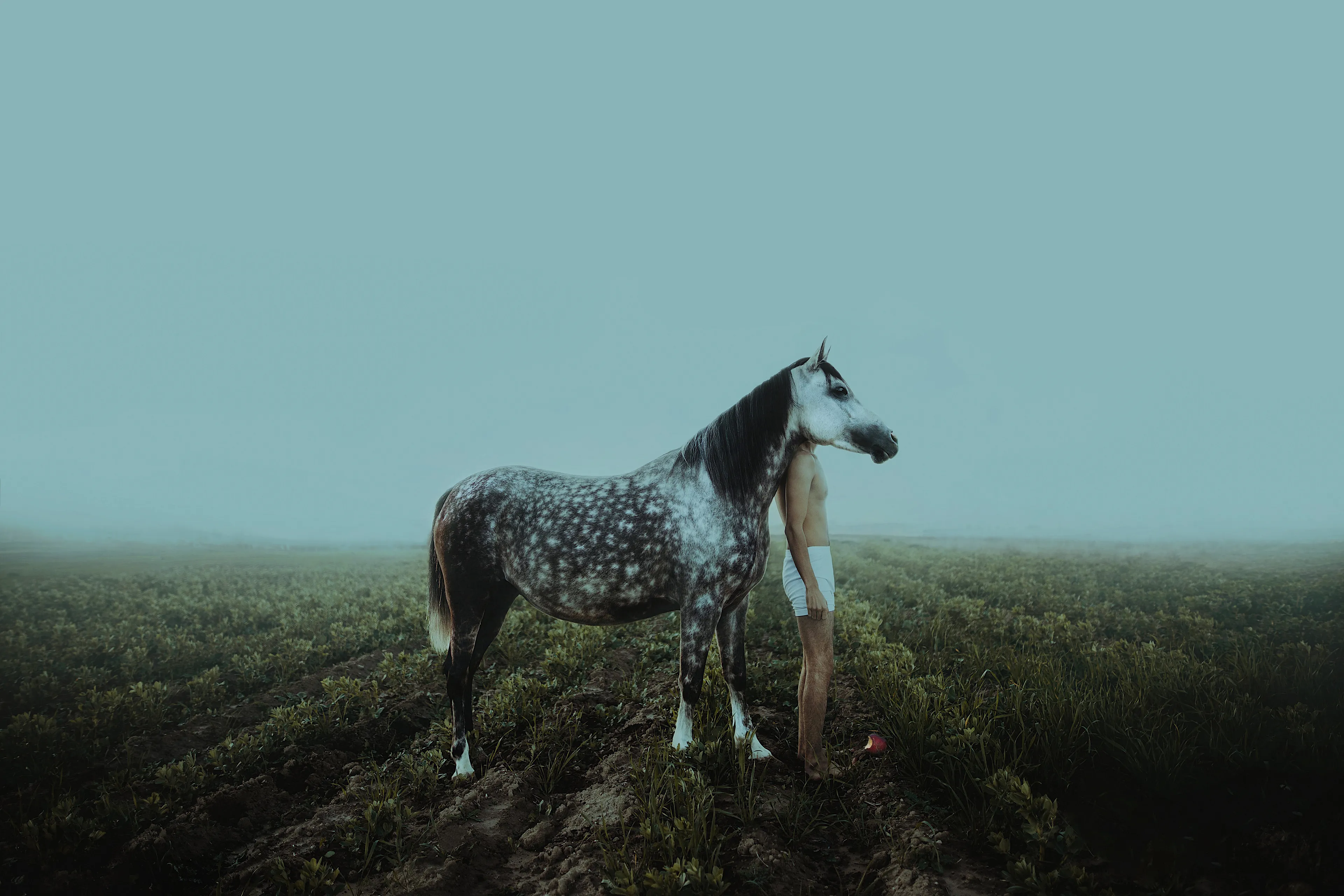 The idea of this photo is taken from the theory of reincarnation.
If our, as humans, souls come to this world in another body, we would bite an apple again, fall in love or at least adore again, because our souls are unchangeable.

Digital photography, Self-portrait (2022).