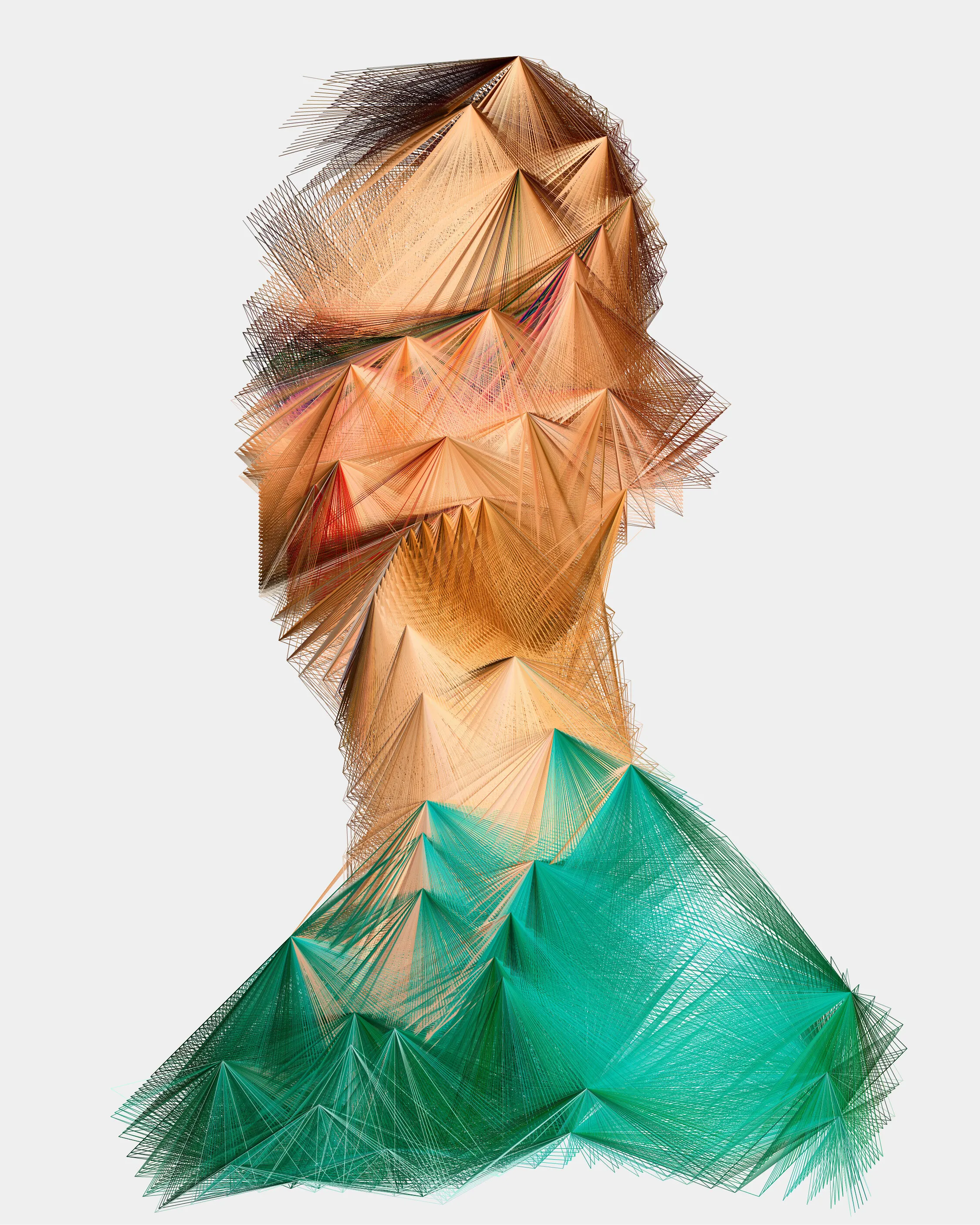 This unique portrait is from the series 'alternatives'. A series of 100 generatively created portraits using only Javascript and sourced images. The series was exhibited in a solo show at Kate Vass Galerie 2019, curated by Jason Bailey.