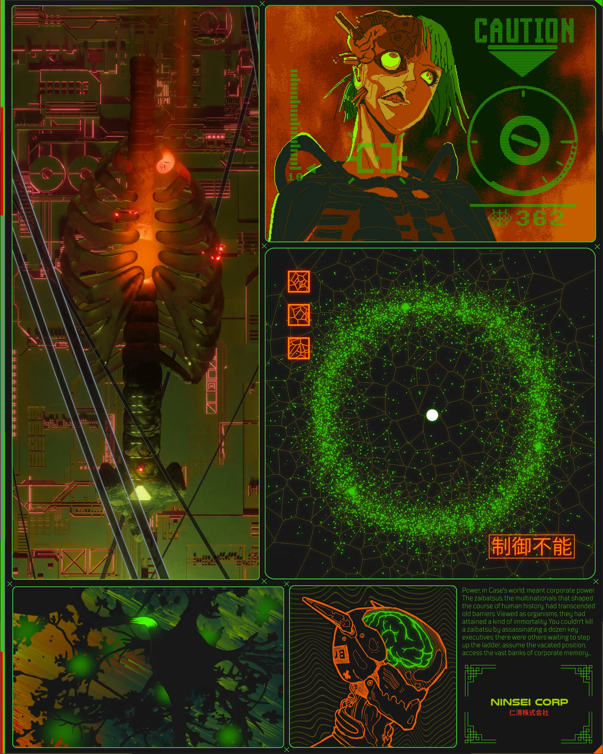 Ninsei Corp can warranty you a whole new body every month.
Your flesh is becoming obsolete, your time is running out. With our advanced knowledge of biomimicry your body will have superb motion and protection.

Step away from your mortal life, make a visit to Exohack™.

Board members:
Criptocromo
k0ch
Okytomo
neurocolor

For FutureArt show, celebrated in Sidney Australia on January 12 to 17, 2021.