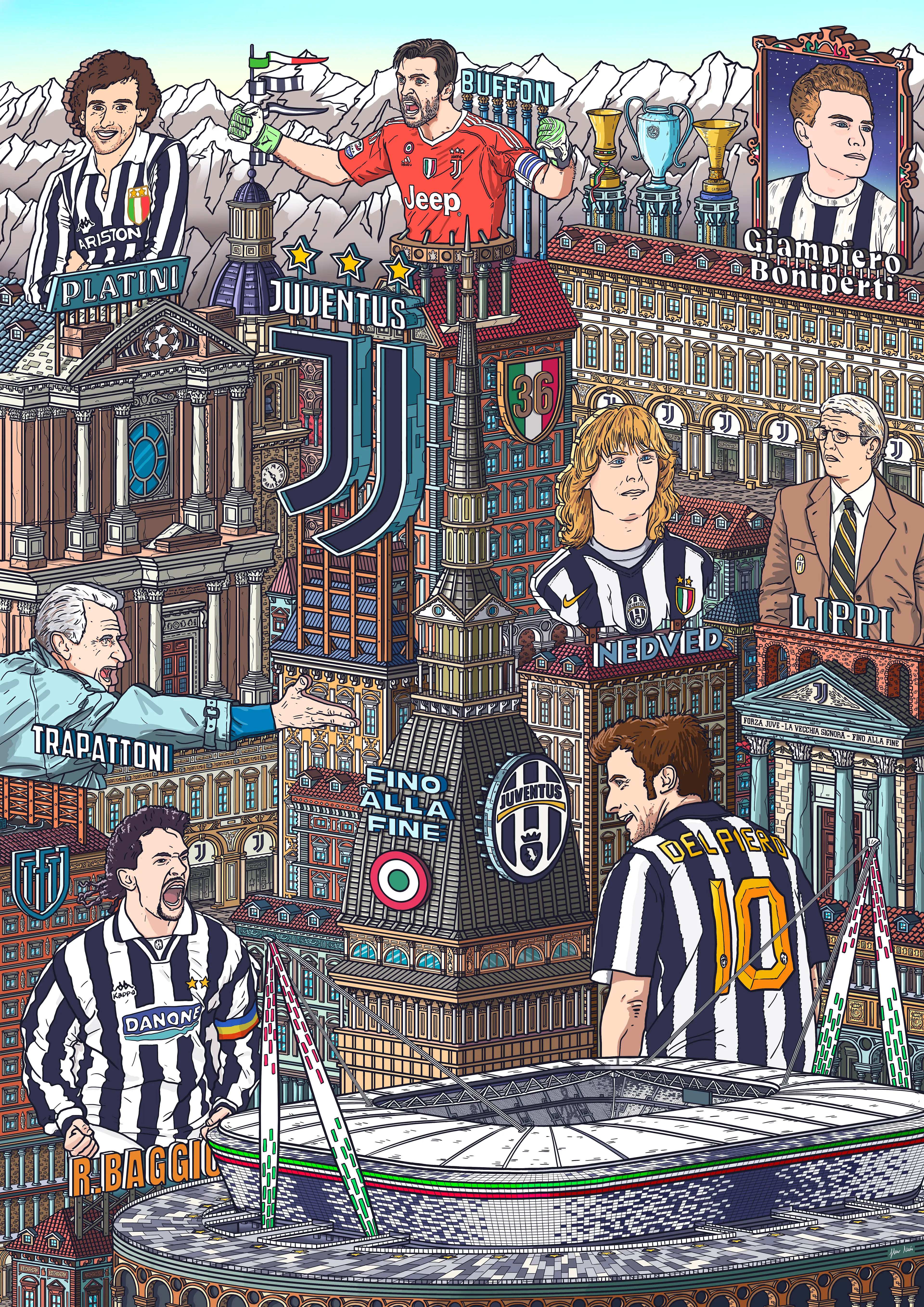 Digital illustration for the cover of These Football Times magazine in its issue dedicated to the legendary Italian soccer club Juventus of Turin.

For this, the artist creates a classic altarpiece structure playing with the iconic architectural elements of the city as well as monuments with a link with the club or iconic of the Turin landscape as well as its most legendary players and coaches with the snowy mountains in the background. 

The work includes the Church of San Carlos Borromeo with the bell tower on the other side, the Mole Antonelliana in the center, a version of the Roman portico of the Church of the Gran Madre di Dio, the sides of Piazza San Carlo, a place of celebrations of the fans of juve, the current shield and the previous one so well known and iconic, its stadium and in the background the snowy mountains that crown the city.

Size: 5845 x 8268 px