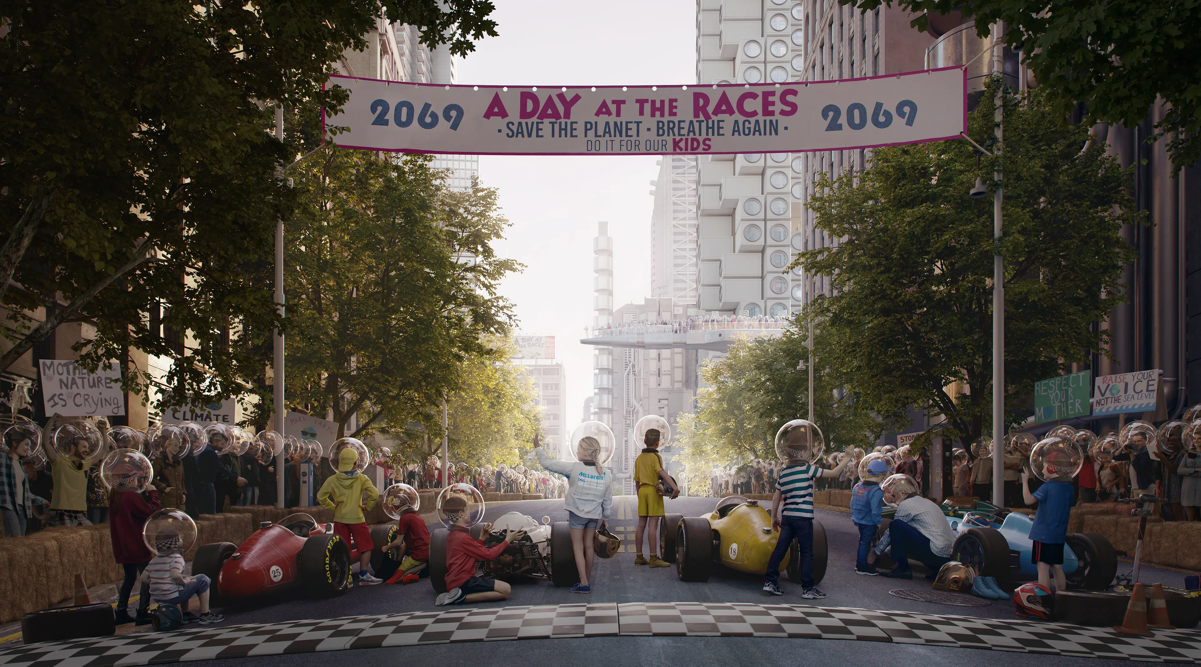 Artwork created in 2018 before the Covid-19 world Pandemic.

2069: Not so far from now.

A day at the races to save the Planet. A day to breathe again.
Apparently, the Earth looks natural and safe. It looks like a nice place to live. Apparently. 
Pollution and huge climate changes have made air impossible and unhealthy to breathe. Everyone needs a helmet that cleans air. Without it humans could breathe for just a few seconds. Then comes irreparable damage to the lungs. No way back. 
A young champion kid's race to express a hope to breathe again.

To push everyone to stop all this situation and look forward to the future. A hope coming from the young people, those who deserve a better future. 

This is an image that reflects the future to me. Not a futuristic vision with weird sci-fi buildings but a community image with a way to live our lives completely different from now. Our task is to look at the structure of why we are failing as human beings. And all of us, we are failing. And if we don't have faith in the people, what do we have faith in? 

The future is in human beings.

||6100x3389 Pixel On Canvas | Still Image
