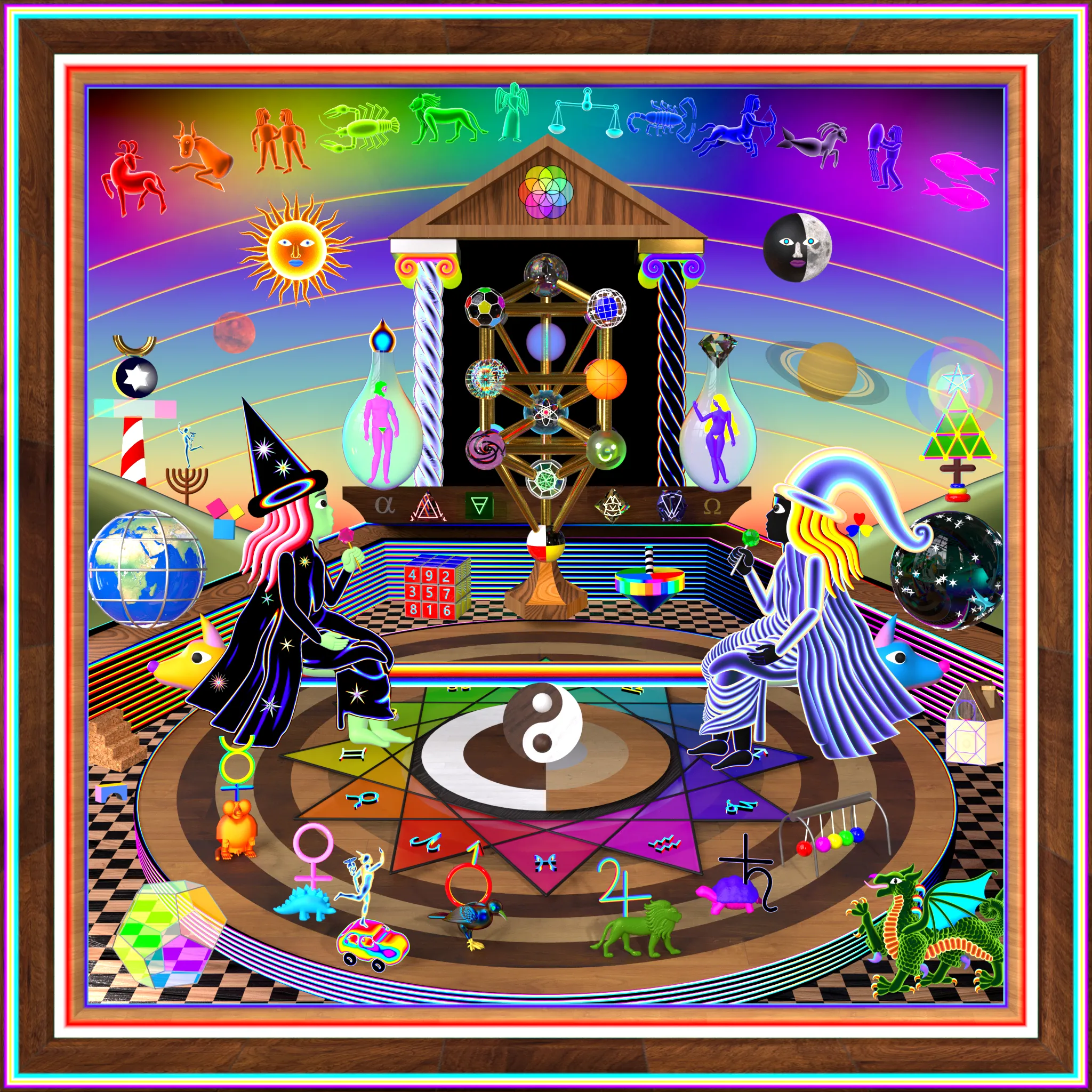 The main concepts of alchemy, with all their mythological, symbolic, astrological, kabbalistic and spiritual diversity are synthesized in a playful way in this esoteric playground, referring to the duality of mysticism: universally simple and profoundly complex at the same time, reminding us of the importance of rescuing the innocent eyes of our inner children to delve into the mysteries of the universe

loop animation, 12 sec 2048x2048px (2k) 2022
animation and sound design by Marcelo Pinel  