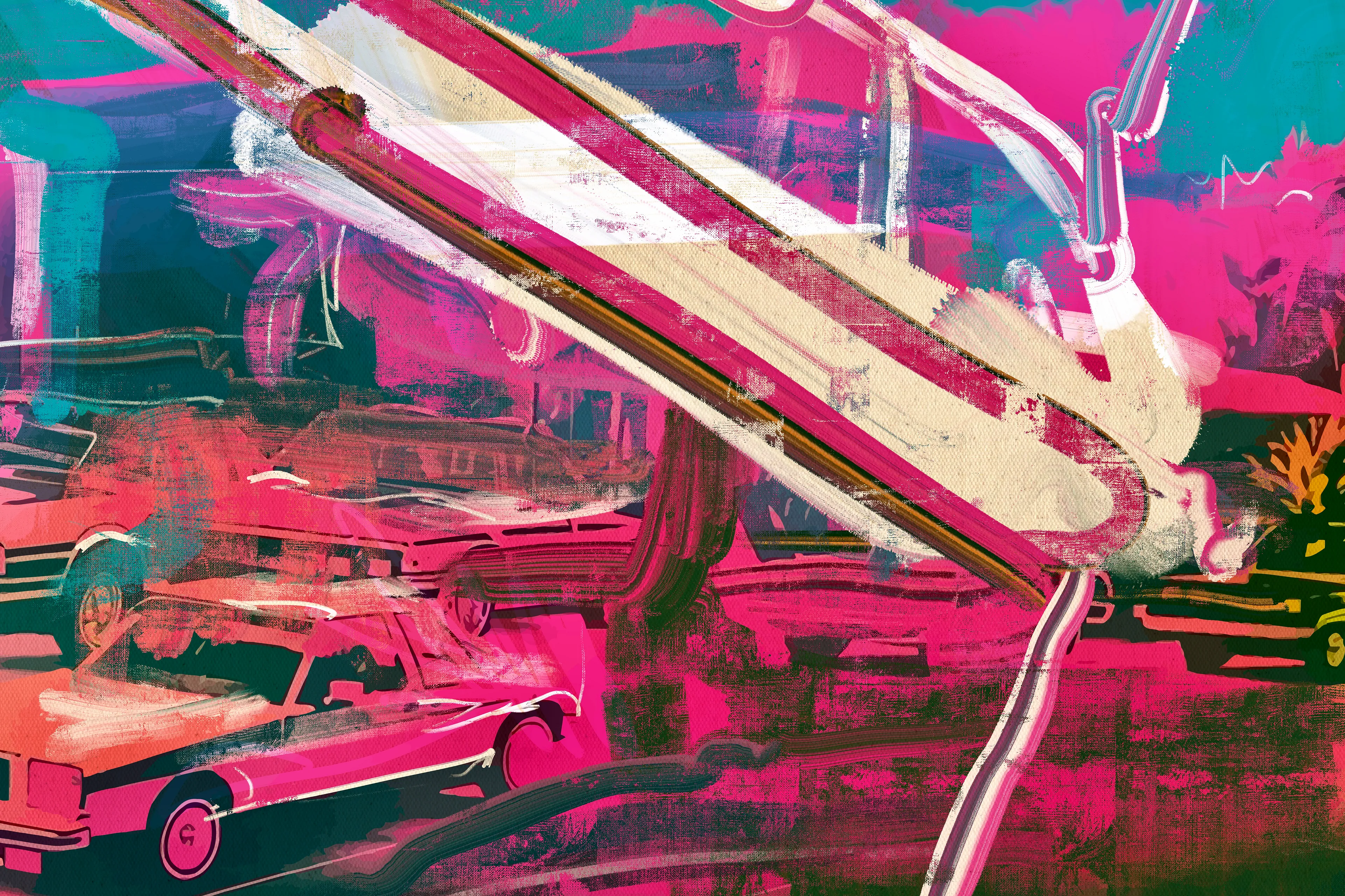 MIAMI 85 - From the MEGA DROP CORP history vault we are proud to release a collection of 1/1 digitized screen prints on canvas to coincide with Art Basel Miami 2022. Each artwork is a lush, saturated, abstract depiction of "The Magic City".  