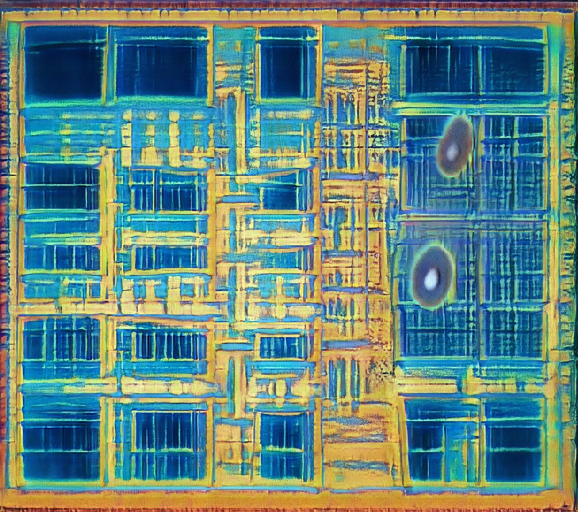 2/5 - This mini-series of die shots is a consideration on Justice and AI. The die or processor die is a rectangular pattern on a wafer that contains circuitry to perform a specific function. Each piece of the series is a picture of a piece of hardware invented by AI algorithms. Each shot represents a justice court in Estonia, one of the first country to try e-justice. We thus invite you in the justice court of the future: a small piece of hardware which will decide your faith. Let's hope the decision is fair !