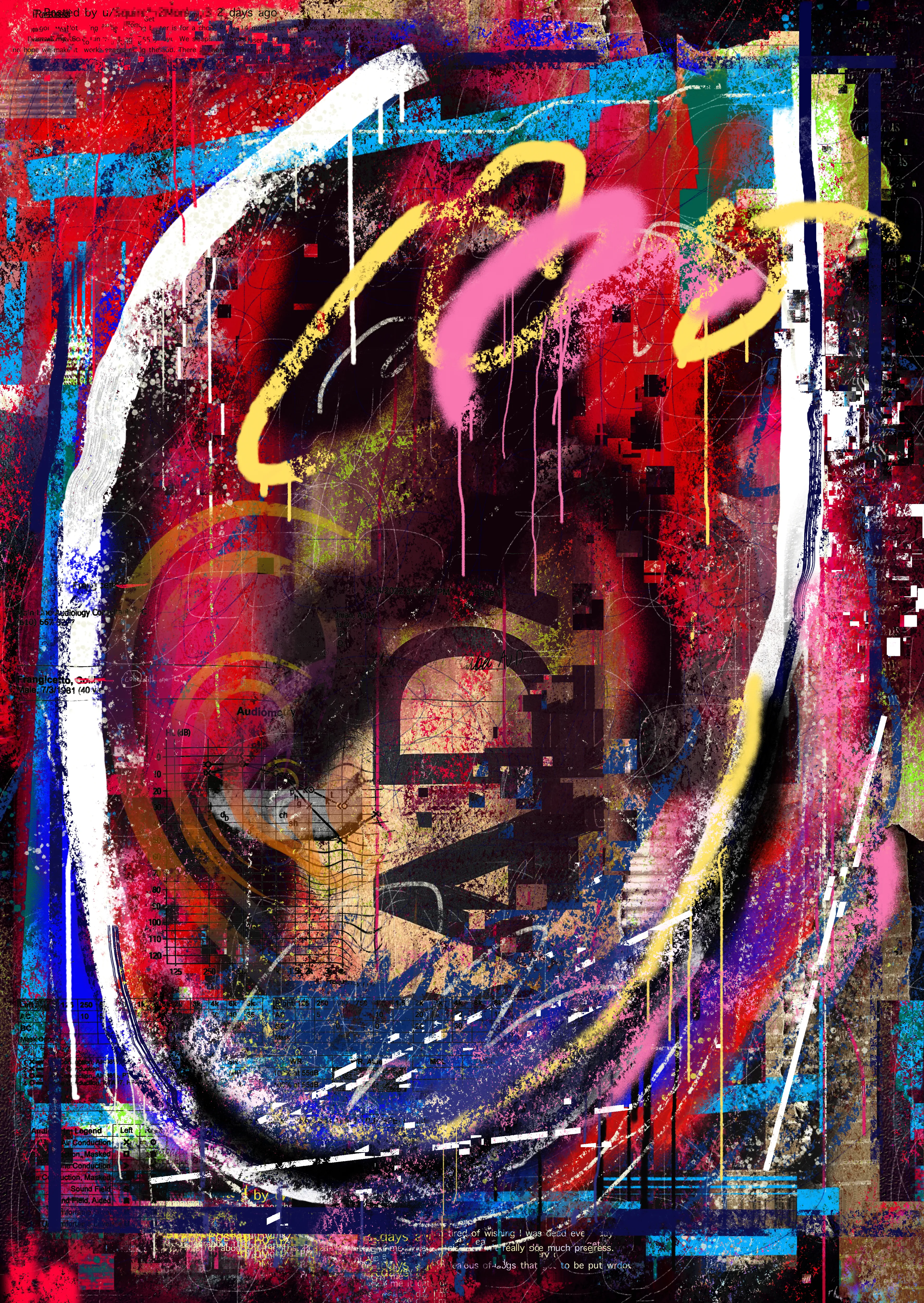 digital painting  |  2022  |  TW : suicide, shop therapy  |  Somewhat suddenly last month I began to experience severe tinnitus focused mostly in my left side.  An audiologist discovered significant hearing loss in both of my ears but more so on the left (as expected).  The constant ringing of the tinnitus is most likely being caused by this asymmetrical loss as the brain searches for frequencies being heard by one side but not the other.  There could also of course be other underlying factors being pointed to here which is why today I will be seeing an ENT and more than likely undergoing a series of tests to determine/confirm true causation.  I may need a hearing aid. Or steroids.  More talk therapy.  Or chemotherapy.  Or a surgery.  Noise machines?  Ironically, guitar music helps.  Probably need less stress.  Less caffeine.  Less salt.  Less alcohol.  Xanax?  While weathering this persistent & somewhat debilitating condition I noticed my suicidal ideation increasing exponentially as one can only naturally ask  Will I be able to bear this for the rest of my natural life?'.  Upon having this thought for the tenth time in a day I decided to google 'tinnitus and suicide' and received about 1,840,000 results (0.48 seconds).  I spent a lot of time on r/tinnitus.  I laughed.  I cried.  I read various somewhat inconclusive studies.  I saw a pop-up ad for a swivel office chair, the design of which was inspired by penguins.  I forgot about the ringing momentarily.  I bought one of the chairs.  They sent me the wrong color pattern so mine doesn't actually look like a penguin but the arms flip up and down like one so I suppose it will do.  I put it together and threw away the box.   | SOURCES  :  google  | 
 reddit dot com /r/tinnitus   |  audiometry test results/graph by main line audiology consultants (which misspelled my name :/)  |  hbada penguin-inspired office chair  | 