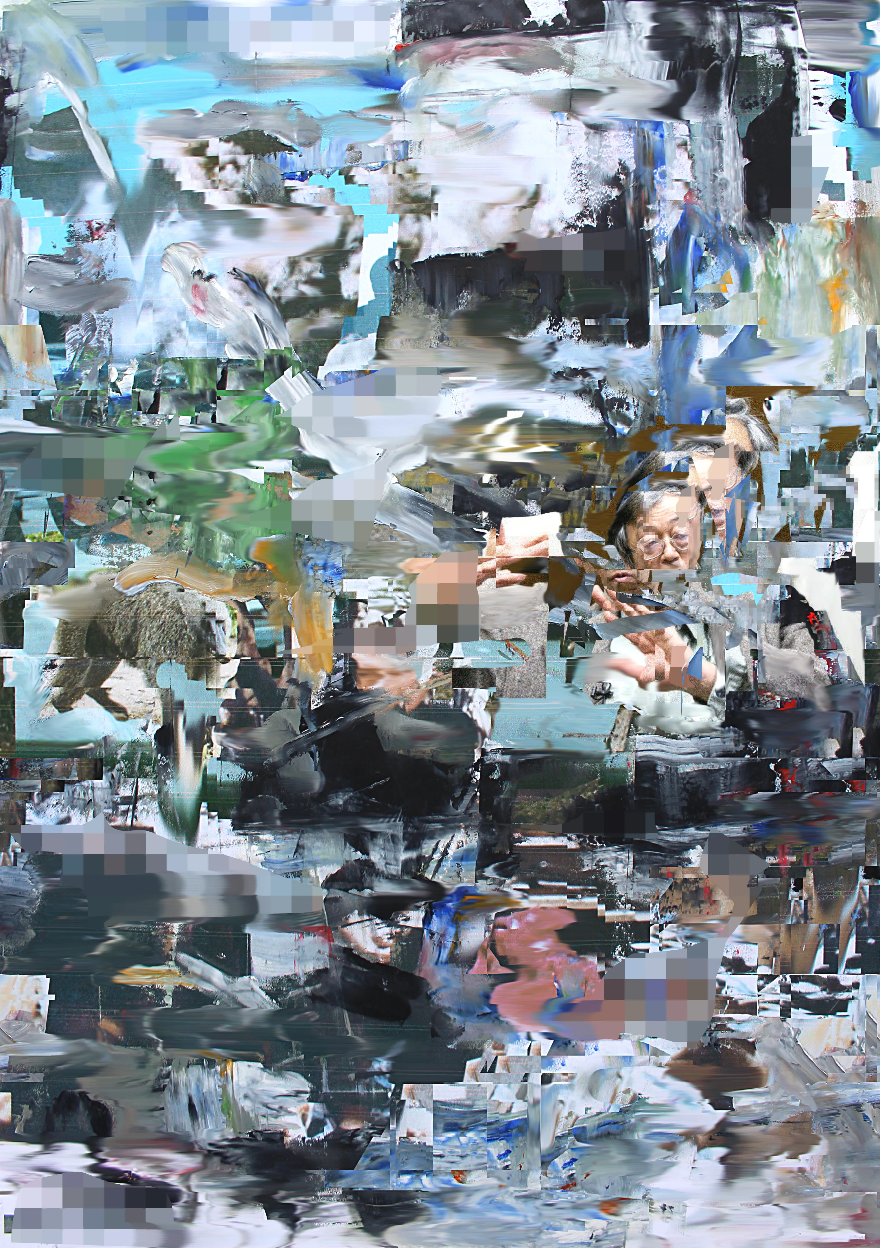 This unique portrait captures Satoshi Nakamoto in a distorted futuristic landscape. Pixels and pulled paint extract forms of organic matter where foliage and sky, blend with the digital realm. 
Abstract shapes and liquid forms slice through the composition with Satoshi the orchestrator holding this broken landscape together.
A cross roads between a future dystopia or future utopia. Time will tell.

