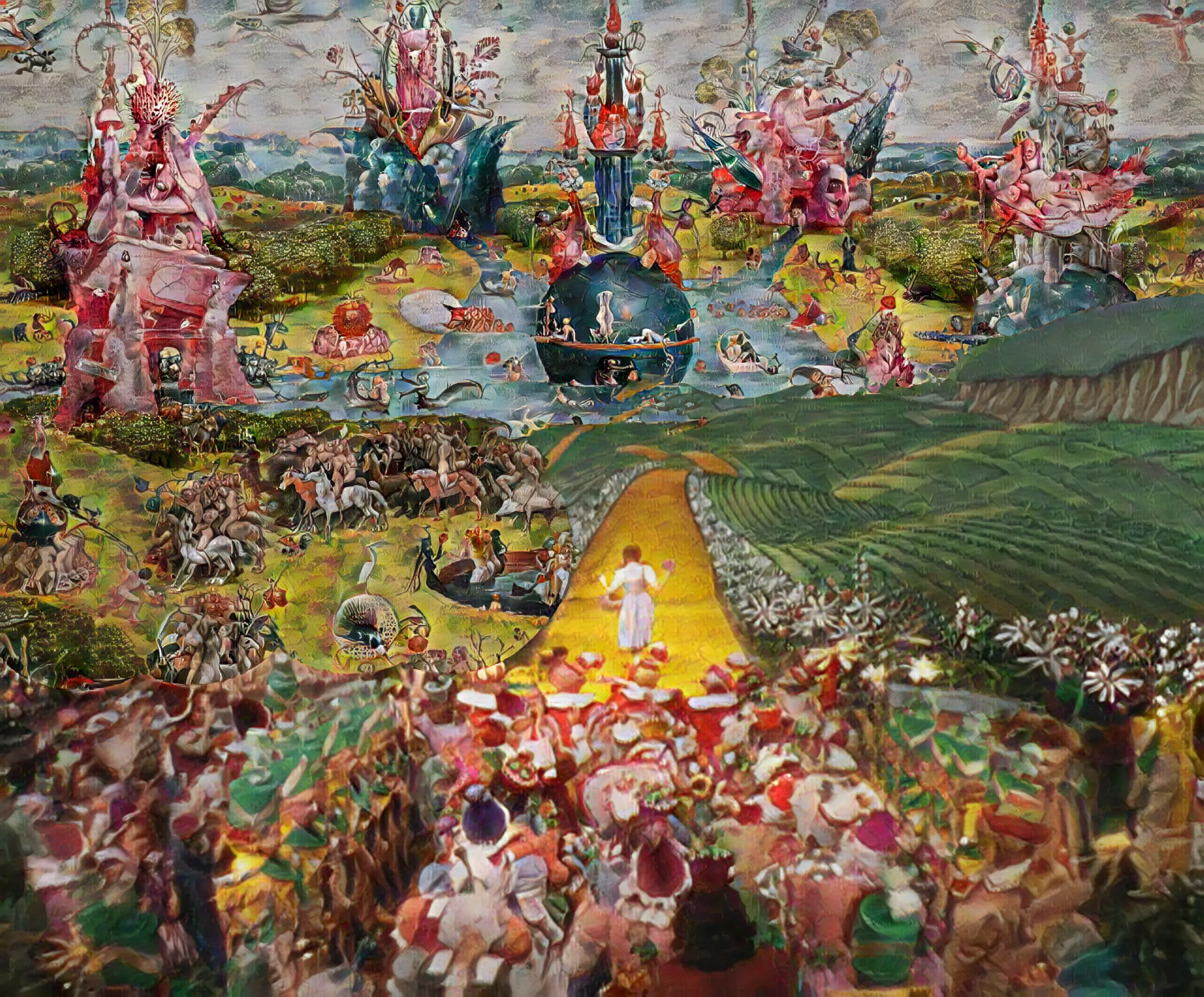 This reimagining uses machine learning to mashup Hieronymus Bosch “Garden of Earthly Delights” (1503–1515) and a film still from Victor Fleming’s 1939 film adaptation of L. Frank Baum’s 1900 fantasy novel “The Wizard of Oz” using neural style transfer and inpainting techniques.