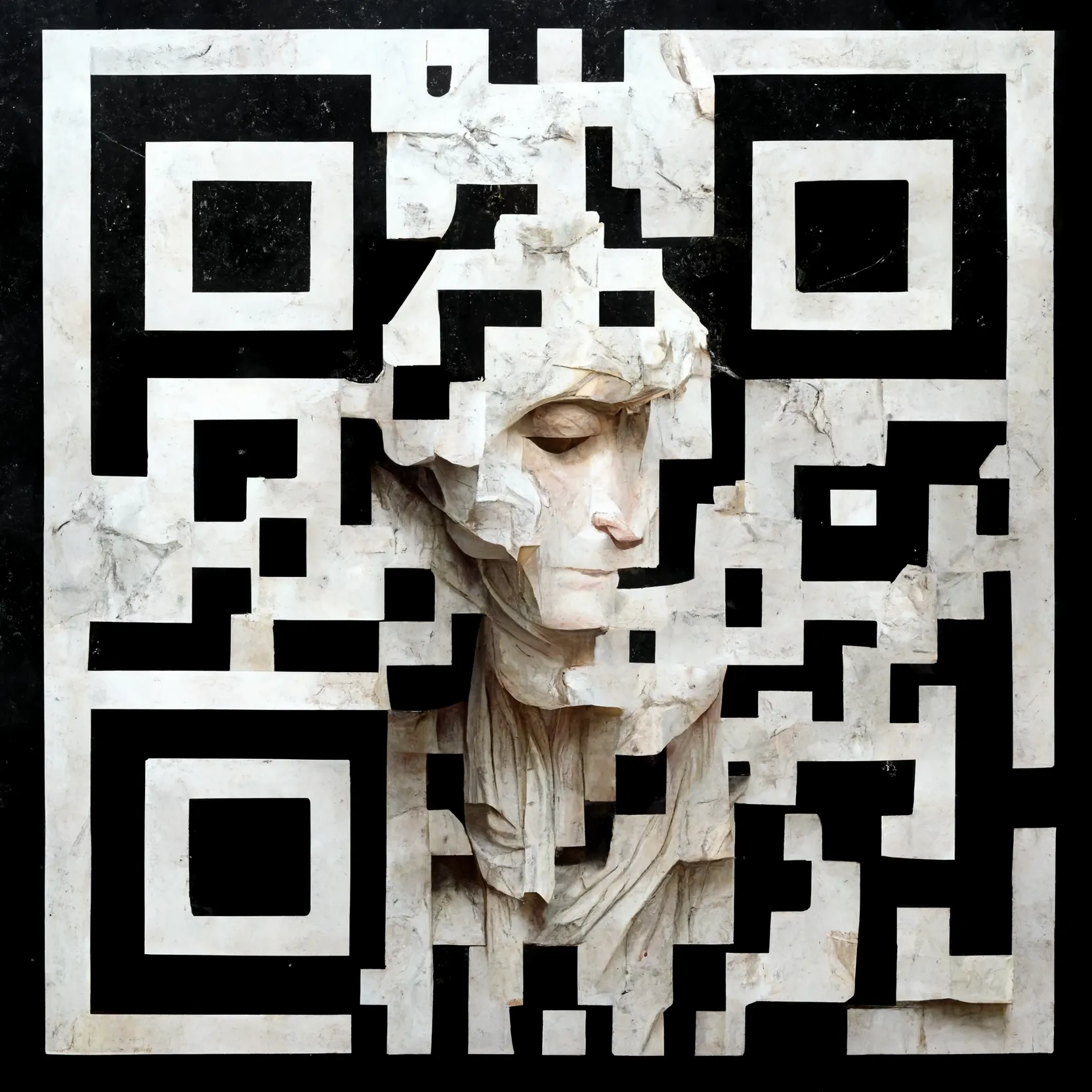 THIS WORK DEMONSTRATES A SITUATION IN THE FAR FUTURE WHERE AN INDIVIDUAL SCANS A QR CODE, PROVING THAT HE/SHE IS THE OWNER OF THE THIS WORK WITH THE USE OF CRYPTOCURRENCY TECHNOLOGY.  AFTER VERIFICATION THE STATUE BEGINS TO EMERGE FROM ITS STONY MARBLE QR  STATE AND REASSEMBLES INTO ITS OTHER FULL FORM.

THIS IS A SKETCH OF A FUTURE WHERE PHYSICAL ITEMS CAN REASSEMBLE AND ACTUALLY PROVIDE AN INTERESTING USE CASE IN CRYPTOART IN A MORE PHYSICAL ENVIRONMENT, WITH OBVIOUSLY THE HELP OF RECOMBINANT MARBLE STONE TECHNOLOGY......WHICH IS NOT INVENTED YET. - ROBNESS V2