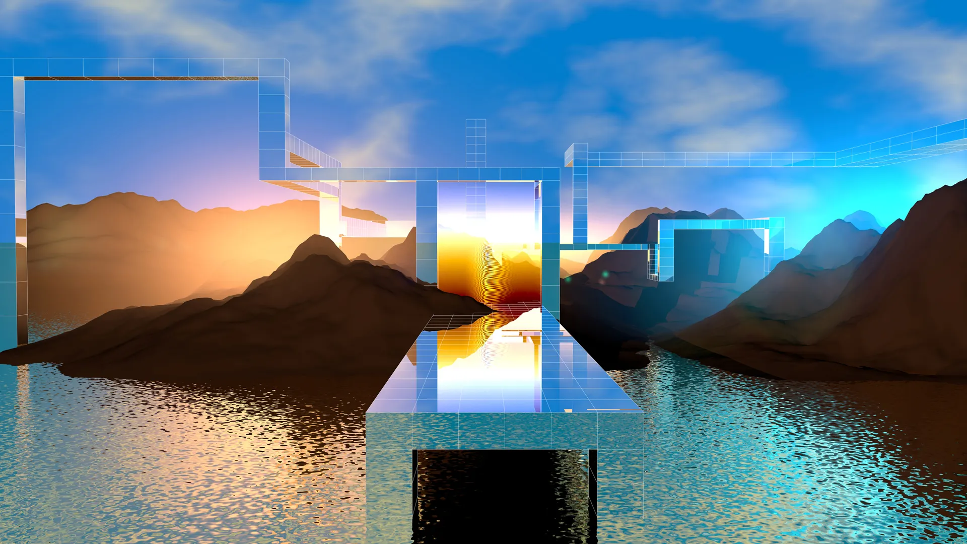 Undream depicts an imagined future where utopia and dystopia collapse, inspired by the photomontages of Superstudio – a major force in the Radical architecture and design movement of the late 1960s. Undream leads the viewer through an isolated landscape, overhung by a monumental structure. The architecture morphs between impossible surfaces and underlying order, interfering with the landscape as it undulates in and out of existence. Swept up in this movement, we are suspended in an impossible abandoned territory between the built environment and the natural world.

Artwork information: 1920x1080pixels, 30 fps., 1:03min loop
